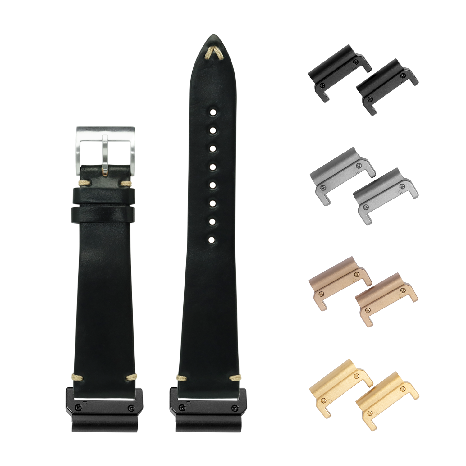 Horween Shell Cordovan black leather watch band 22mm with quick-fit adapters in multiple finishes and silver buckle