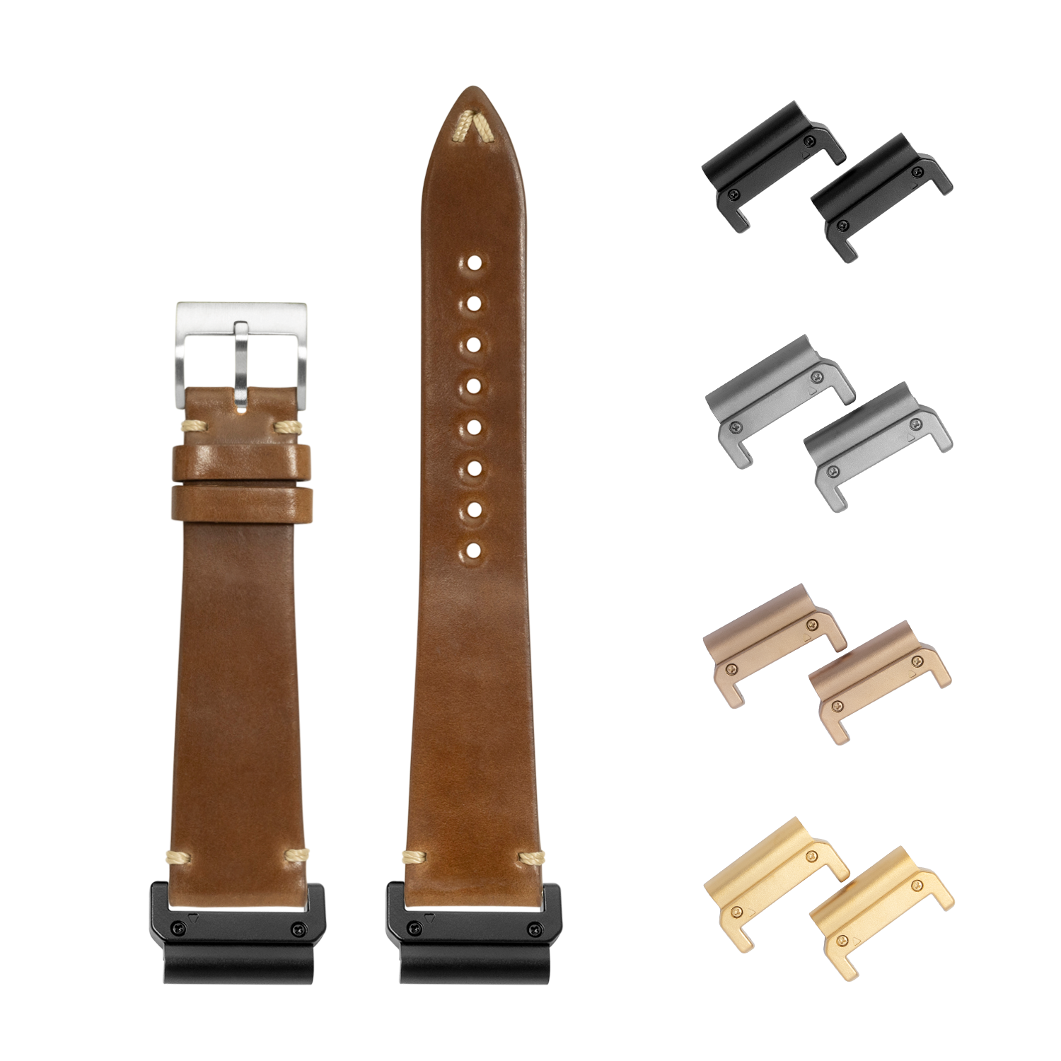 Horween Shell Cordovan vintage bourbon 22mm quick-fit watch band with interchangeable lugs in black, grey, bronze and gold finishes