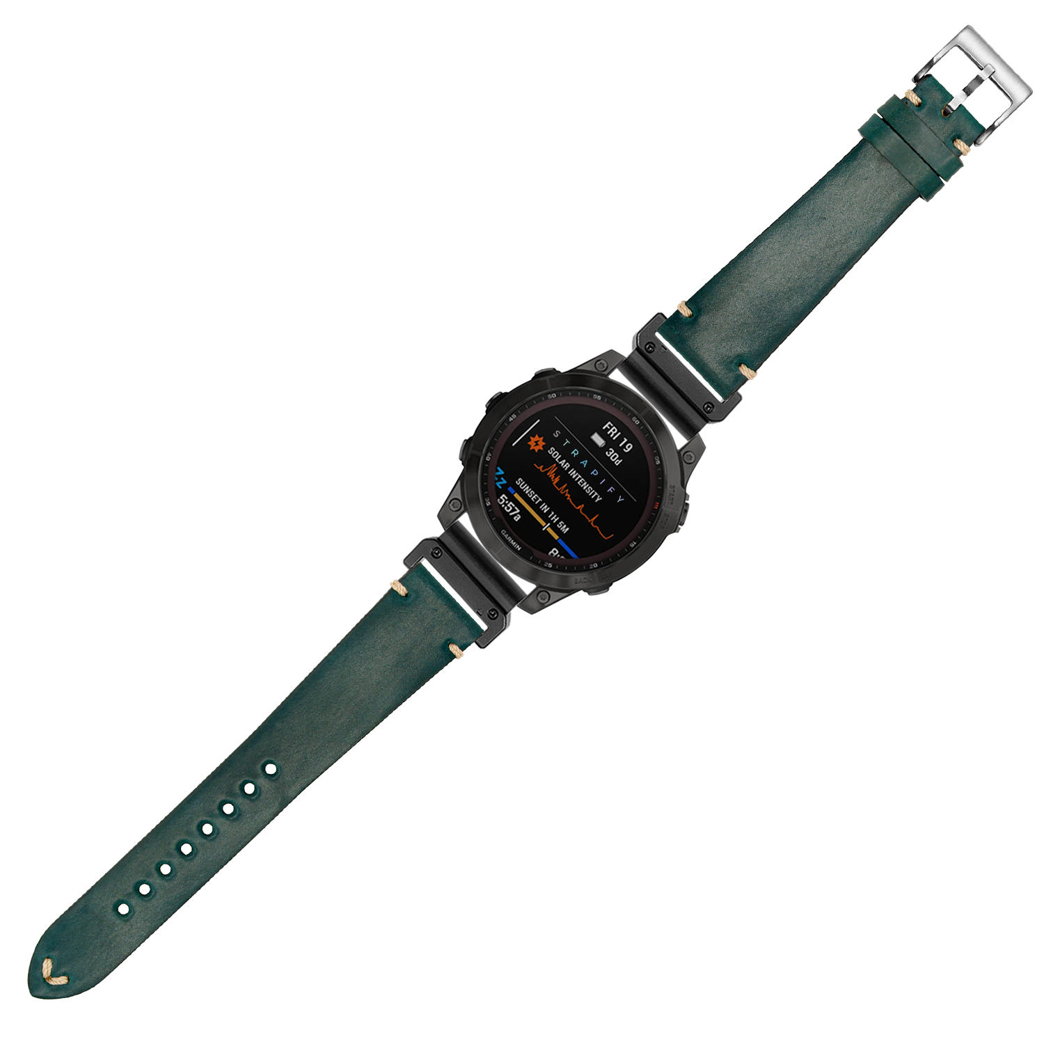 Black digital smartwatch with green Horween Shell Cordovan leather strap and silver buckle