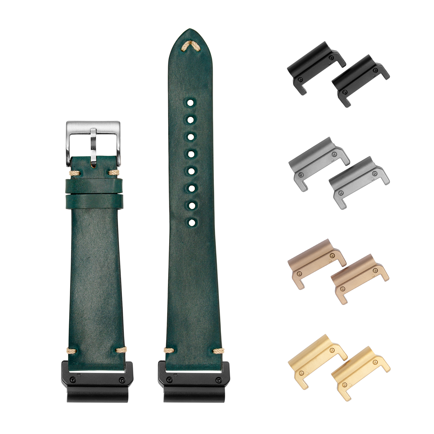 Horween Shell Cordovan green leather watch strap 22mm with quick-fit spring bars and interchangeable lugs in multiple finishes