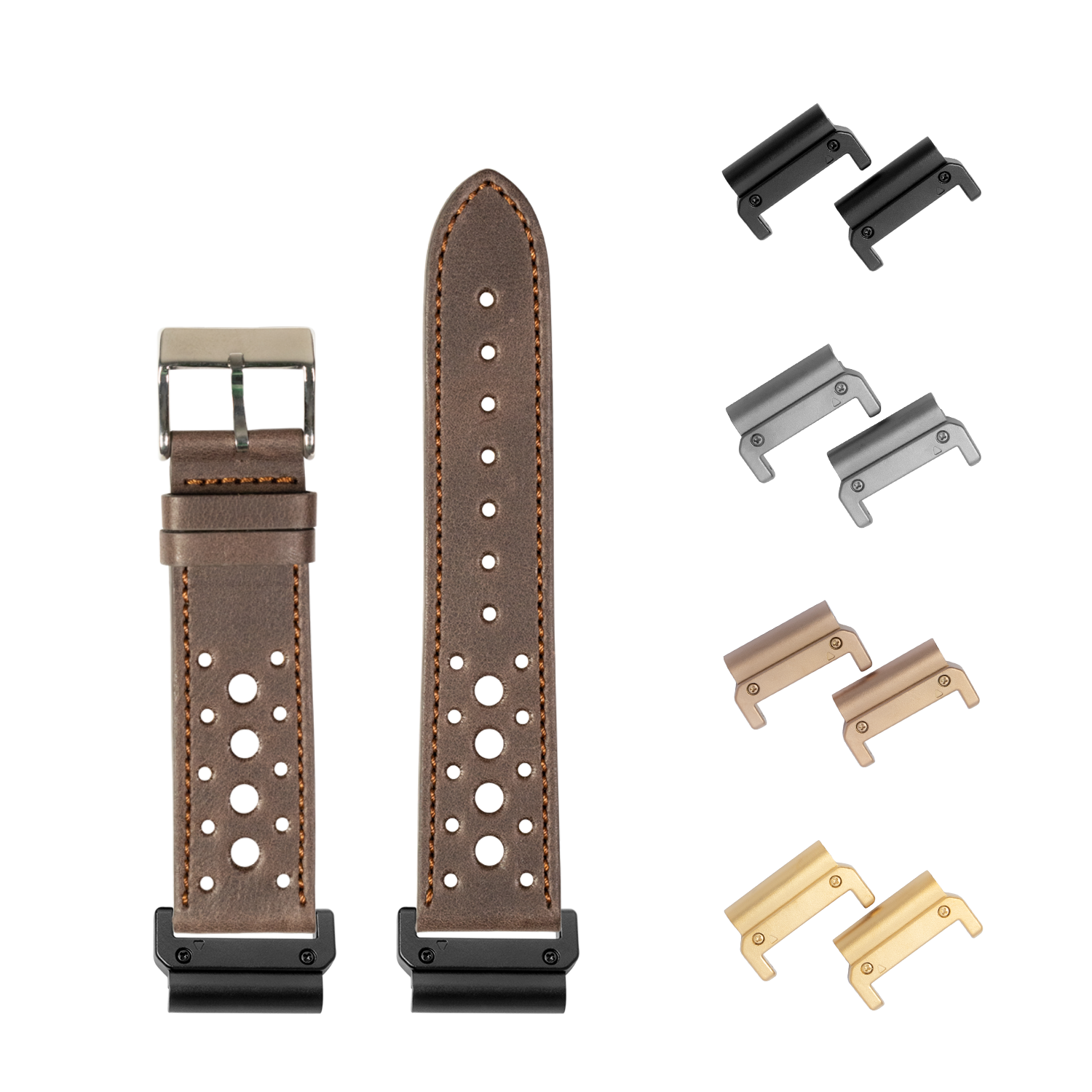 Brown leather Daytona 22mm QuickFit watch band with perforated design, tan stitching, and interchangeable metal lugs in black, silver, bronze, and gold finishes
