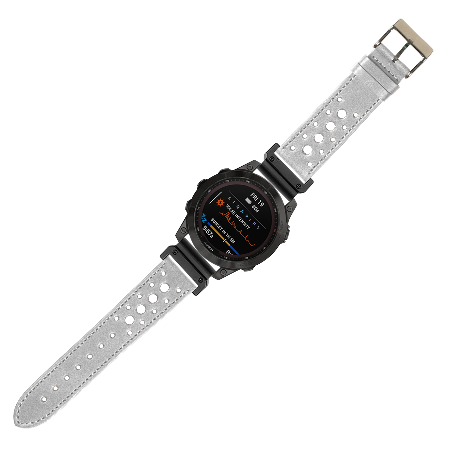 QuickFit grey leather watch strap 22mm with perforated design and tan buckle for sports watches