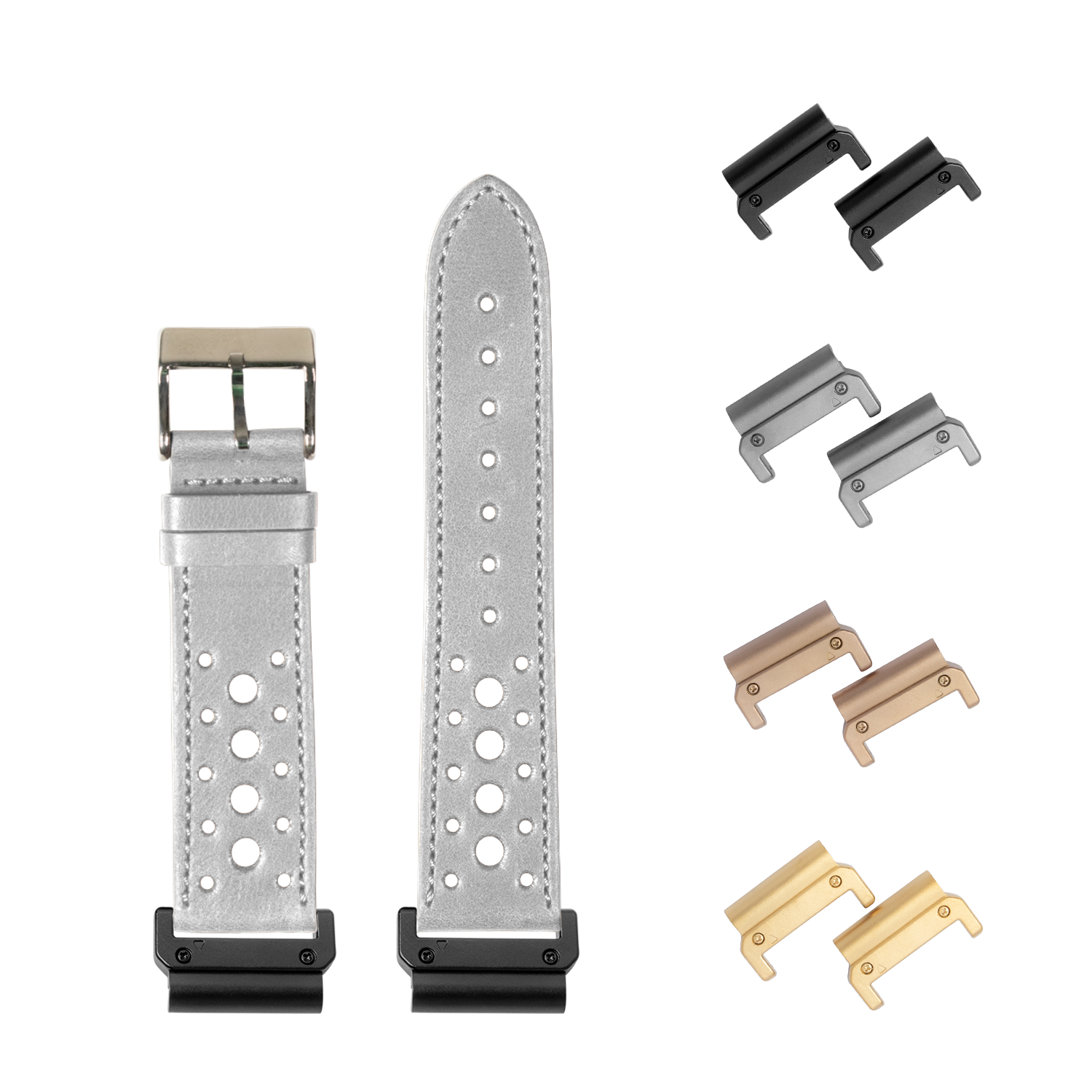QuickFit grey leather Daytona watch band 22mm with interchangeable metal lugs in black, silver, bronze and gold finishes