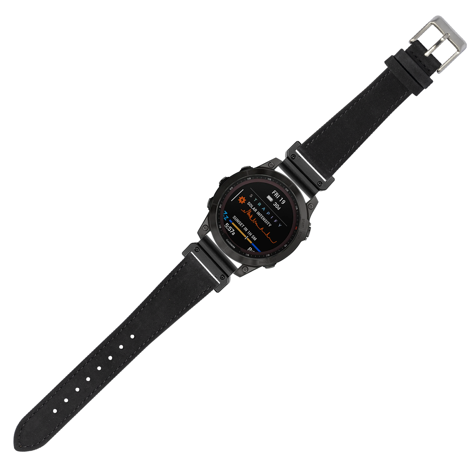 Black nubuck leather 22mm QuickFit watch band with silver buckle and white stitching detail