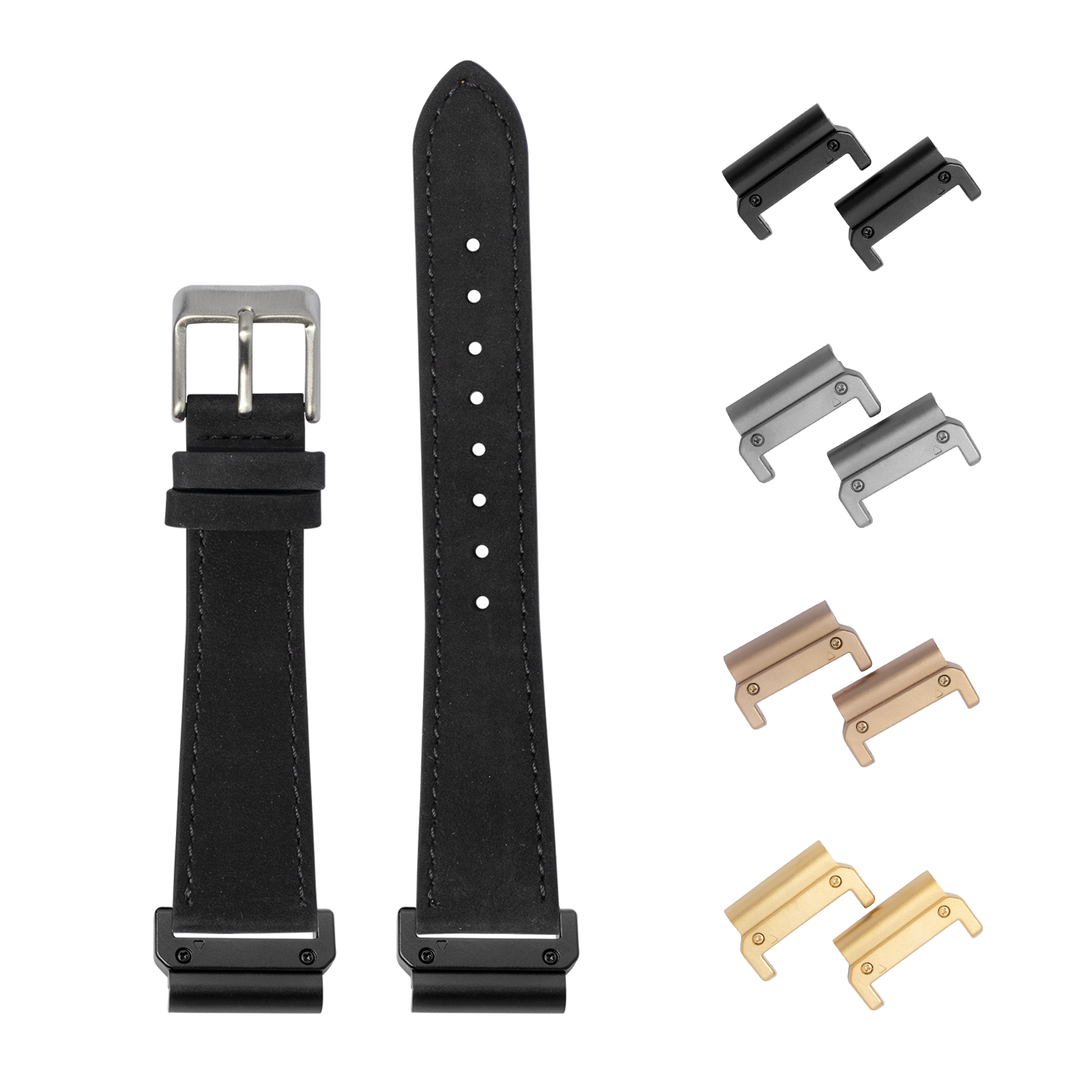 Black nubuck leather QuickFit watch band 22mm with interchangeable metal lugs in silver, black, rose gold, and gold finishes