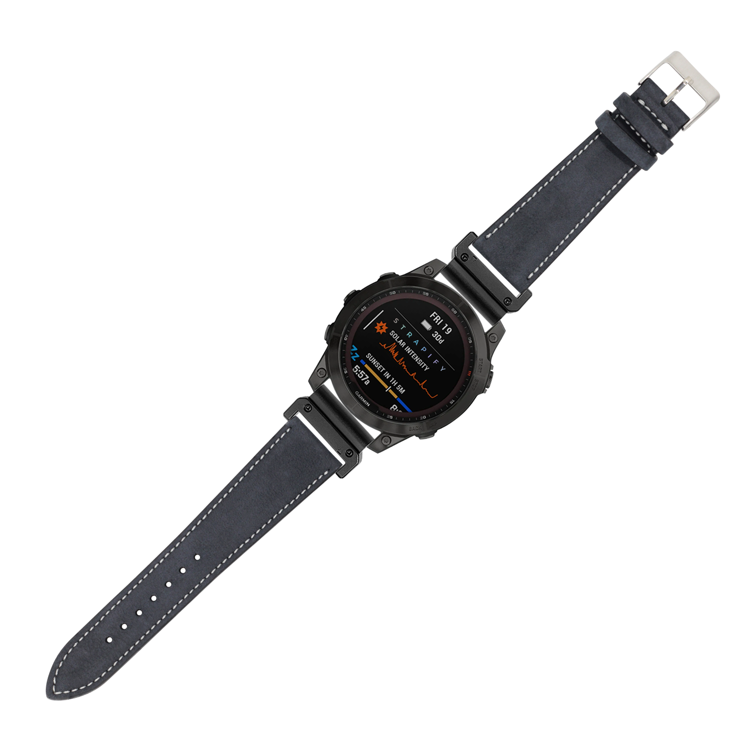 Black nubuck leather smartwatch band 22mm with white stitching and stainless steel buckle
