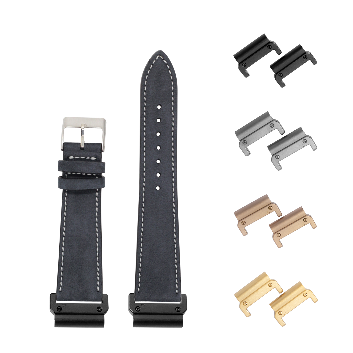 Black nubuck leather watch band with white stitching, 22mm, shown with interchangeable metal lugs in black, silver, rose gold, and gold finishes