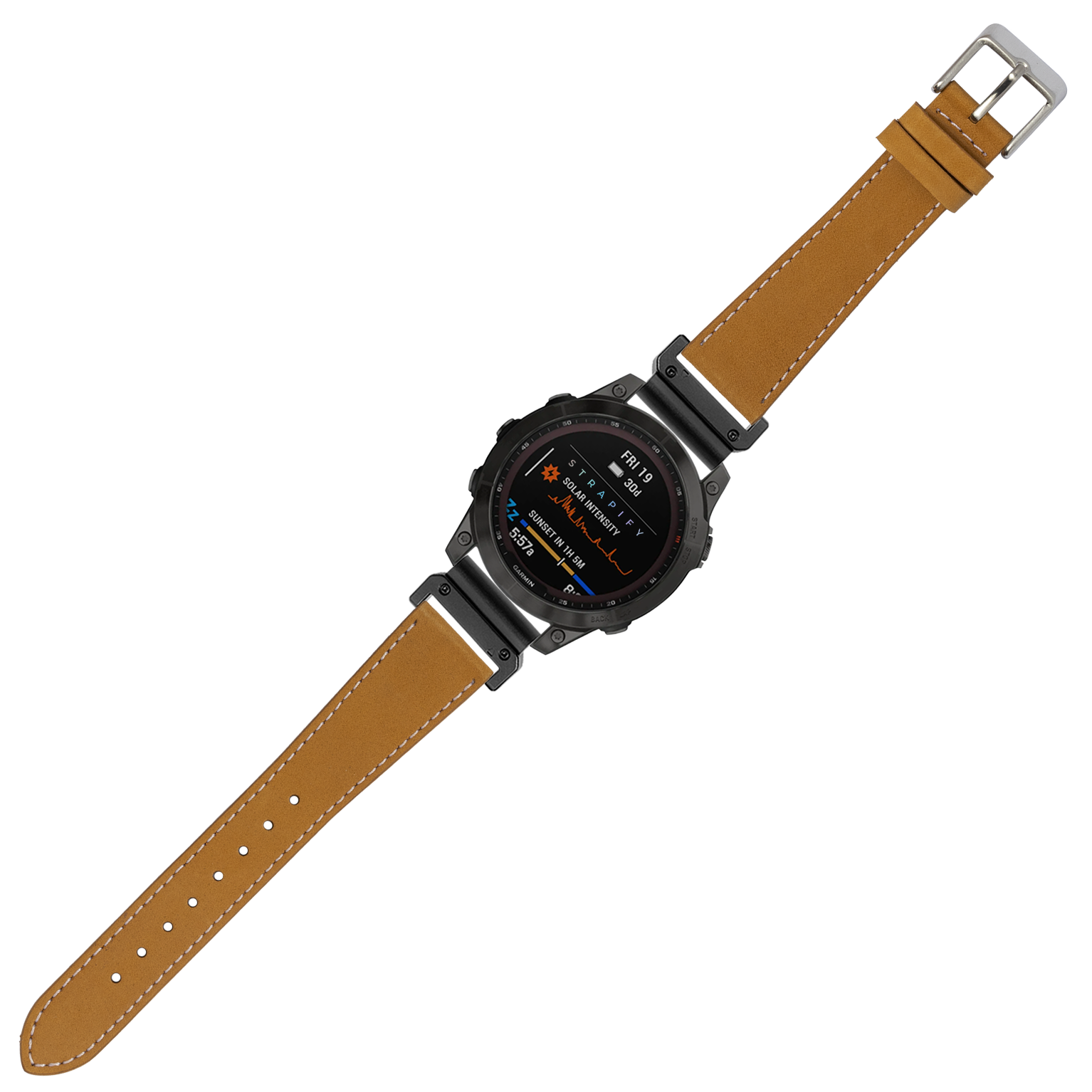 Black digital smartwatch with tan nubuck leather strap and white stitching, 22mm QuickFit band