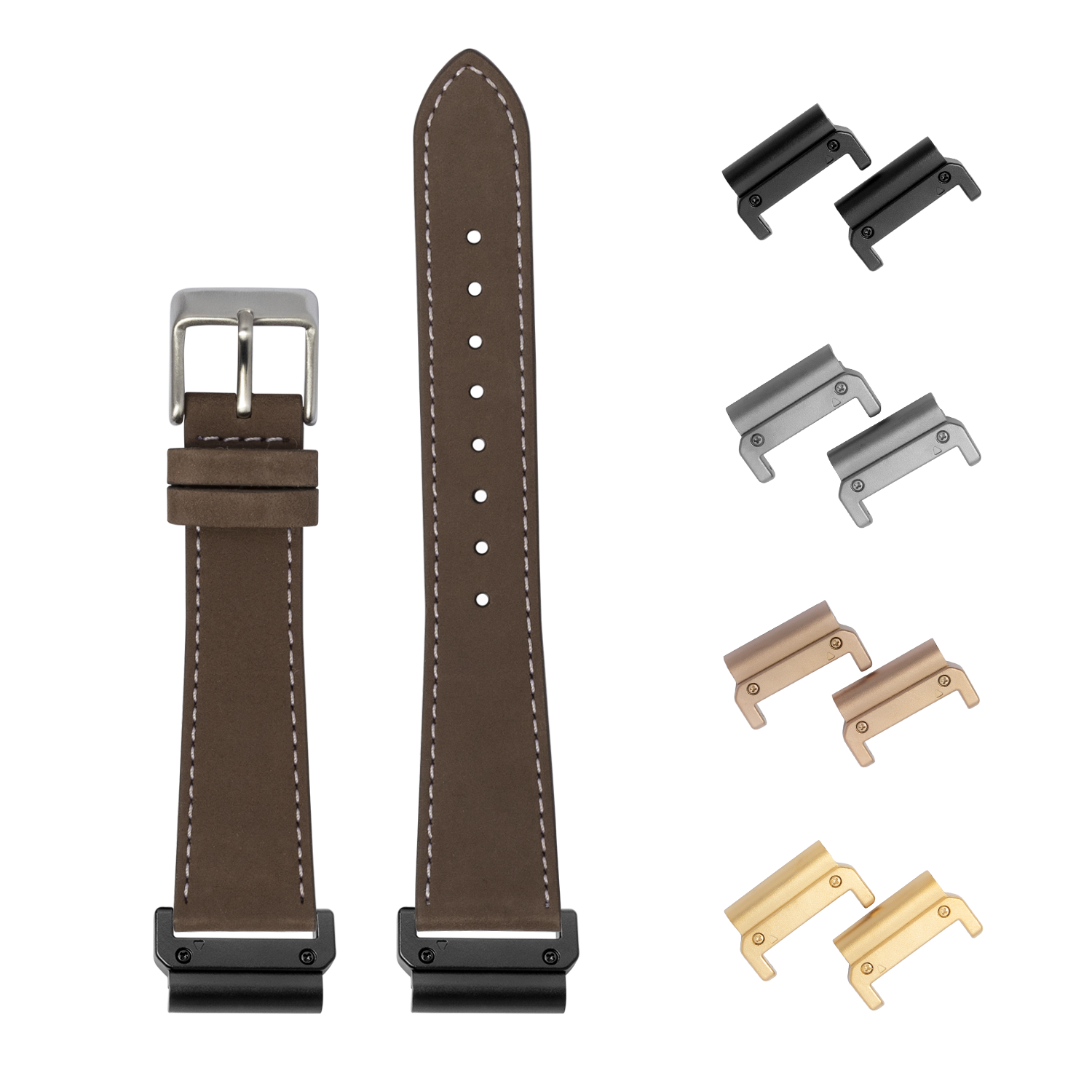 Brown nubuck leather watch band 22mm with quick-fit connectors in multiple metal finishes and white stitching
