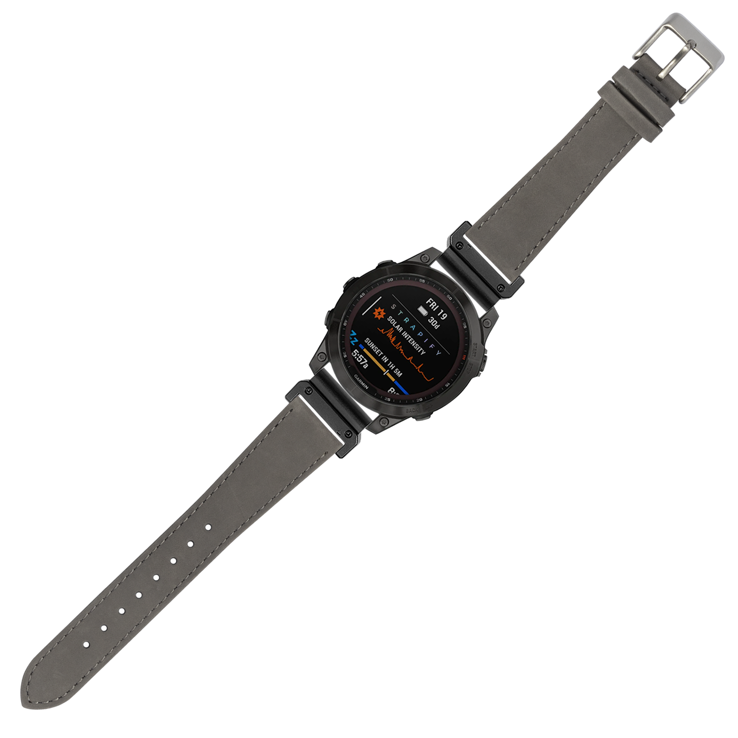 Grey nubuck leather QuickFit 22mm watch band with silver buckle and stitched details displayed on tactical smartwatch