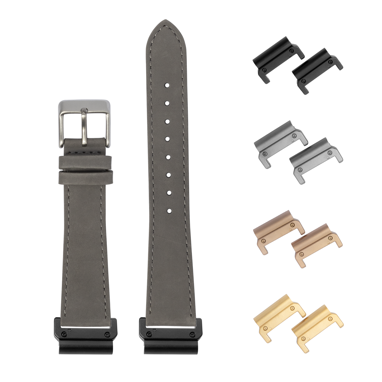 QuickFit grey nubuck leather watch band 22mm with interchangeable metal lugs in multiple finishes