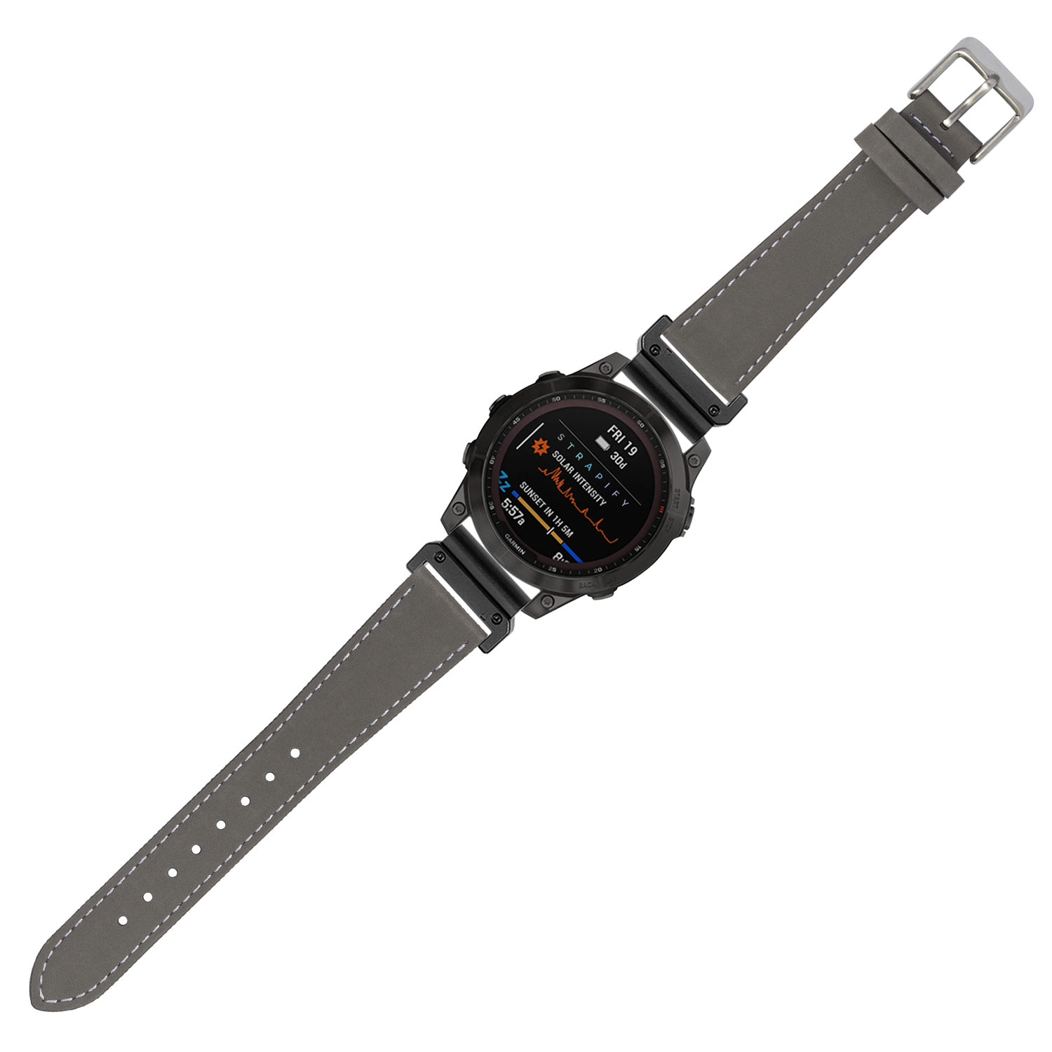Grey nubuck leather smartwatch band with white stitching and metal buckle, 22mm QuickFit strap for sport watches