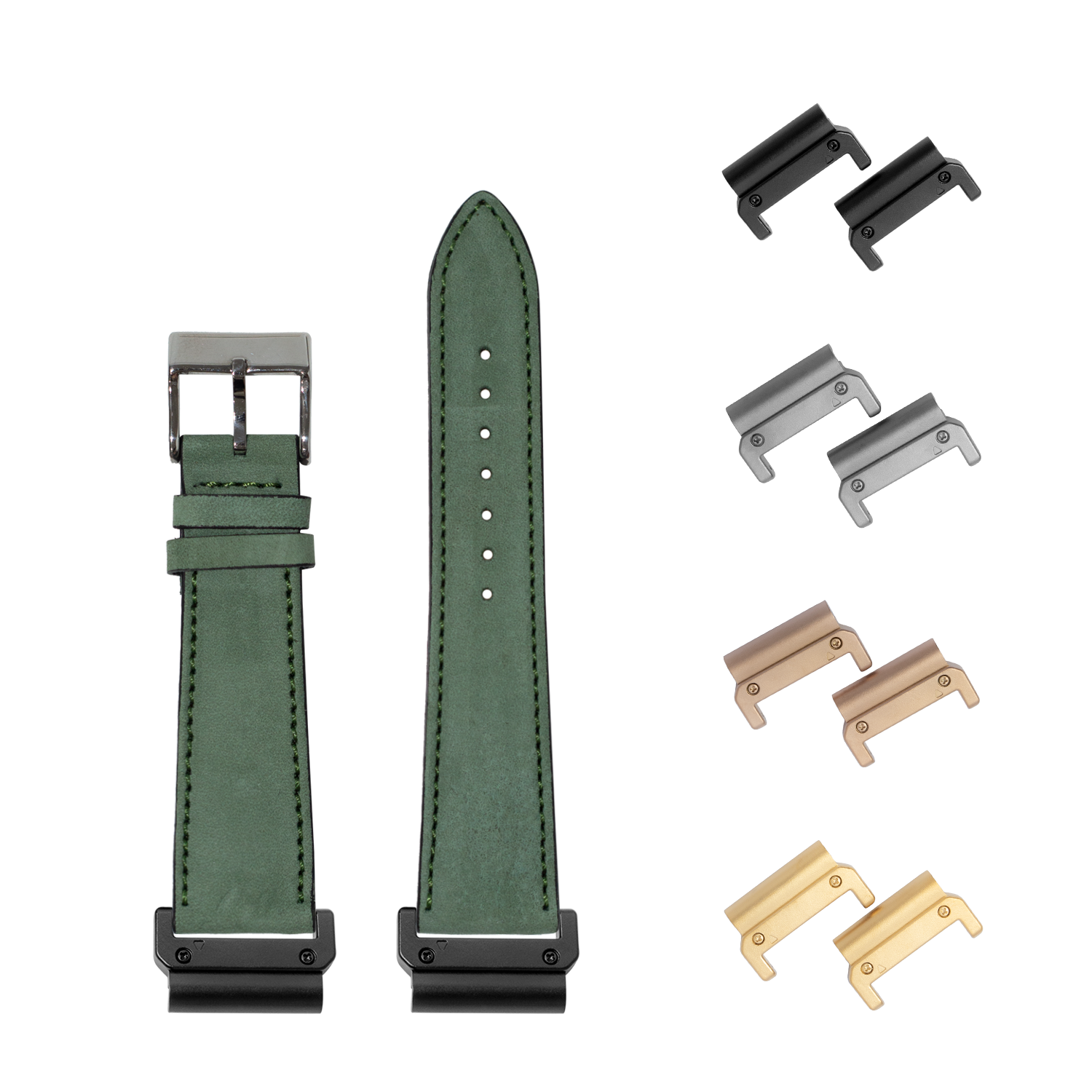 Green nubuck leather quick-release watch strap 22mm with interchangeable metal lugs in black, silver, rose gold and gold finishes