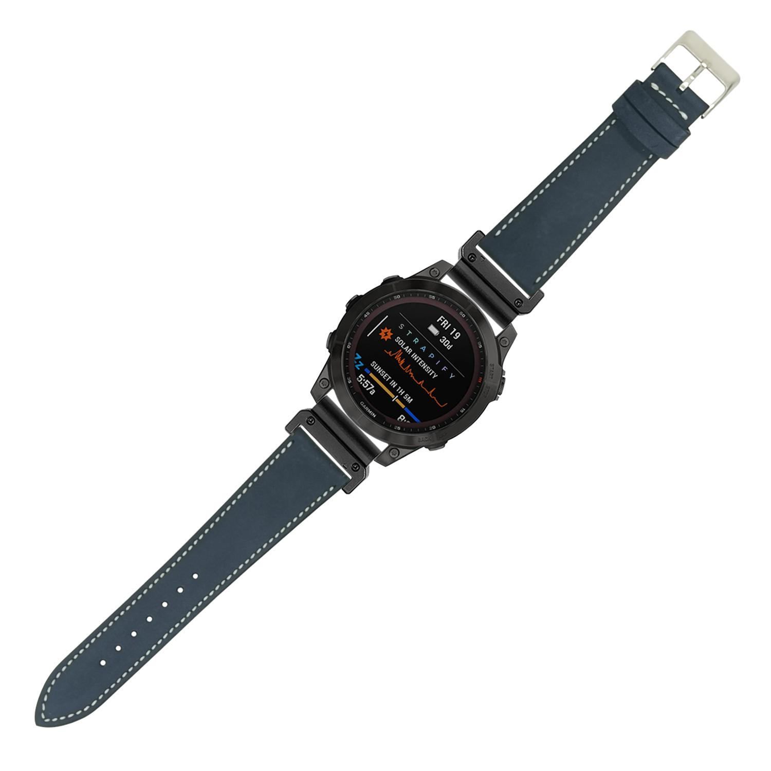 Black digital smartwatch with navy blue nubuck leather strap and white stitching 22mm QuickFit band