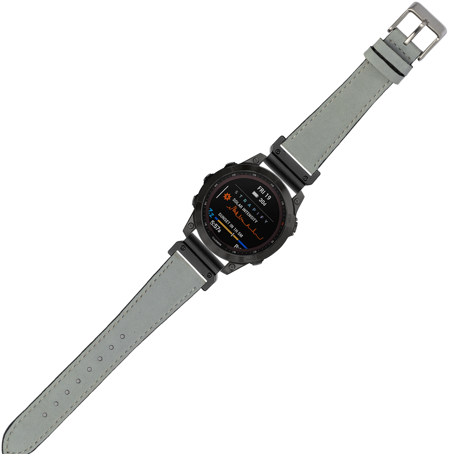 Tactical smartwatch with black digital display and gray nubuck leather QuickFit strap featuring white stitching, displayed against white background