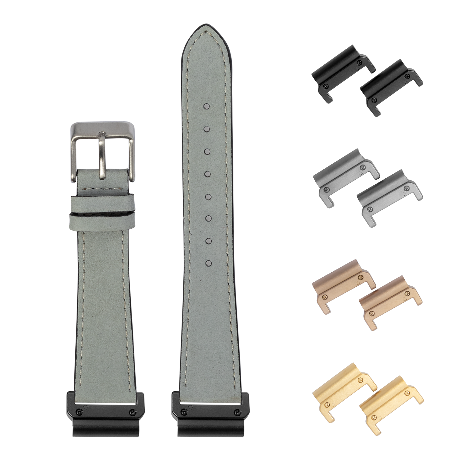 Quickfit nubuck leather watch band with interchangeable lugs in multiple metal finishes including black, silver, rose gold and gold