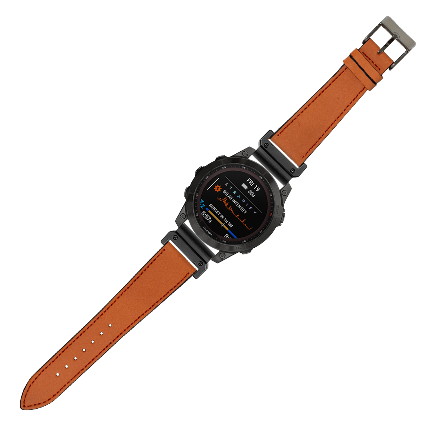 Rugged smartwatch with black case, sunburst orange nubuck leather quick-fit band and AMOLED display showing fitness metrics