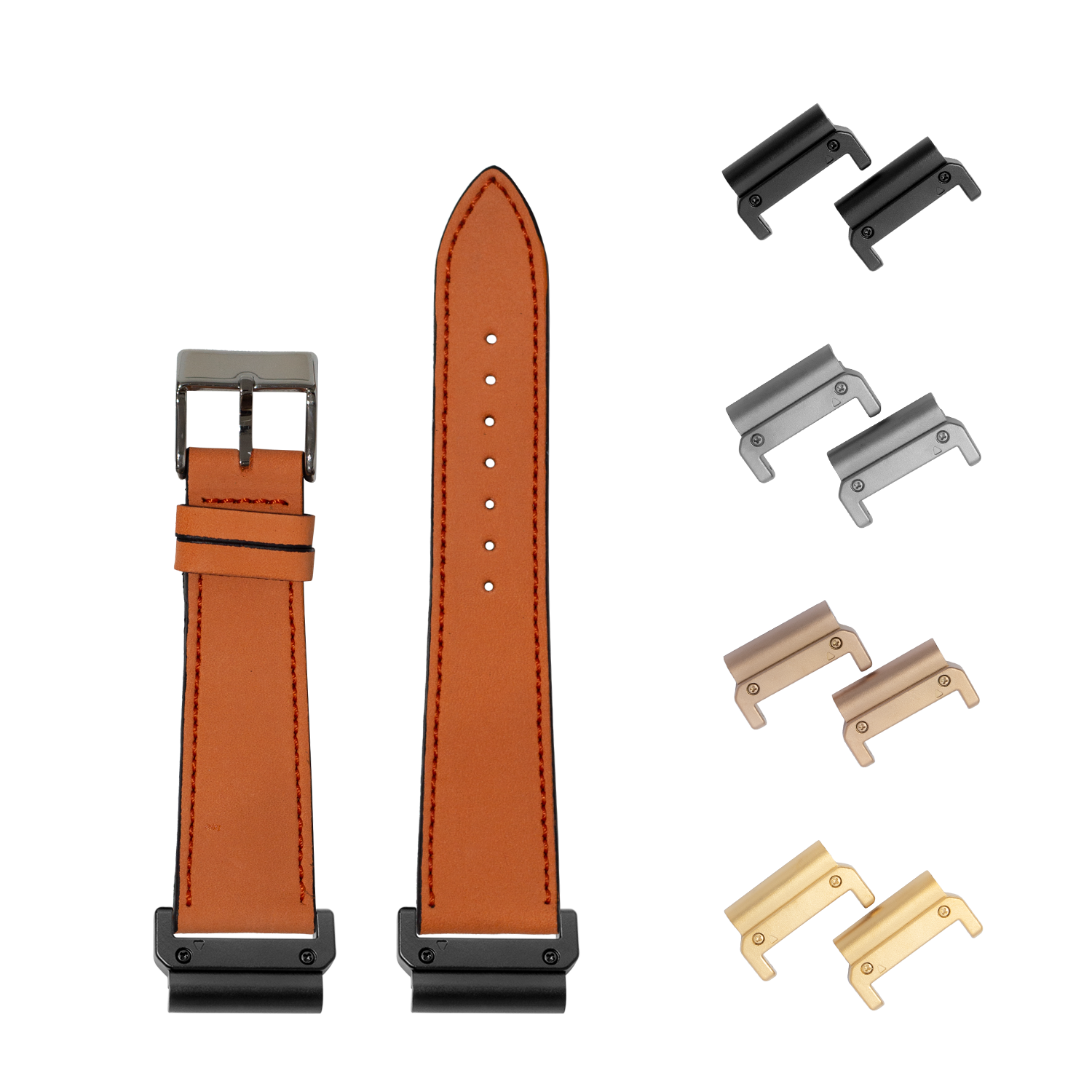QuickFit sunburst orange nubuck leather watch band 22mm with interchangeable metal lugs in black, silver, rose gold and gold finishes