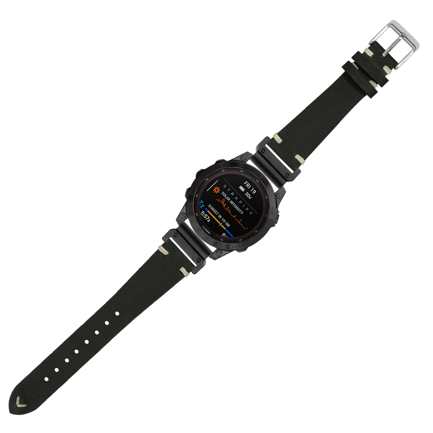 Black nubuck leather smartwatch band 22mm with knotted vintage design and stainless steel buckle for quick fit replacement