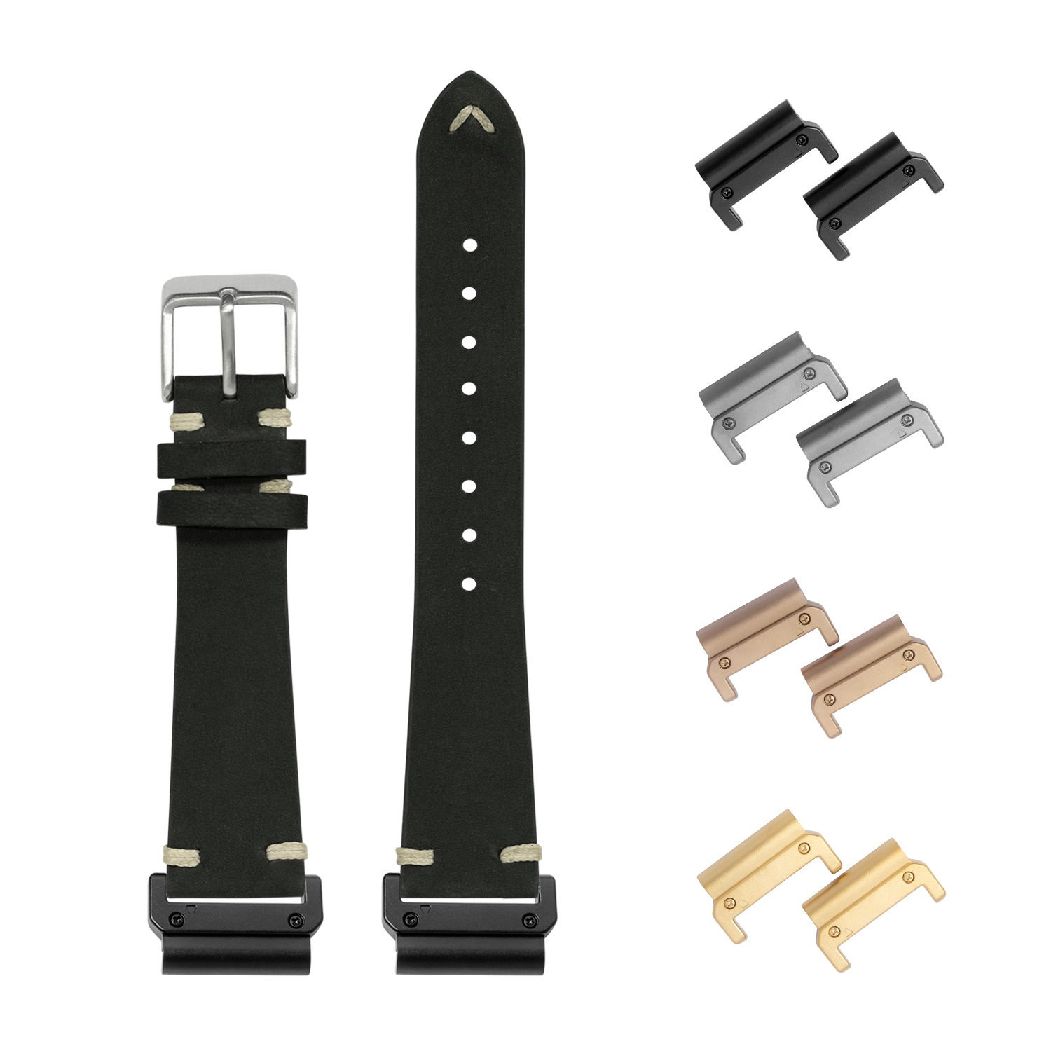 Black nubuck leather watch strap 22mm with quick-fit interchangeable lugs in multiple metal finishes
