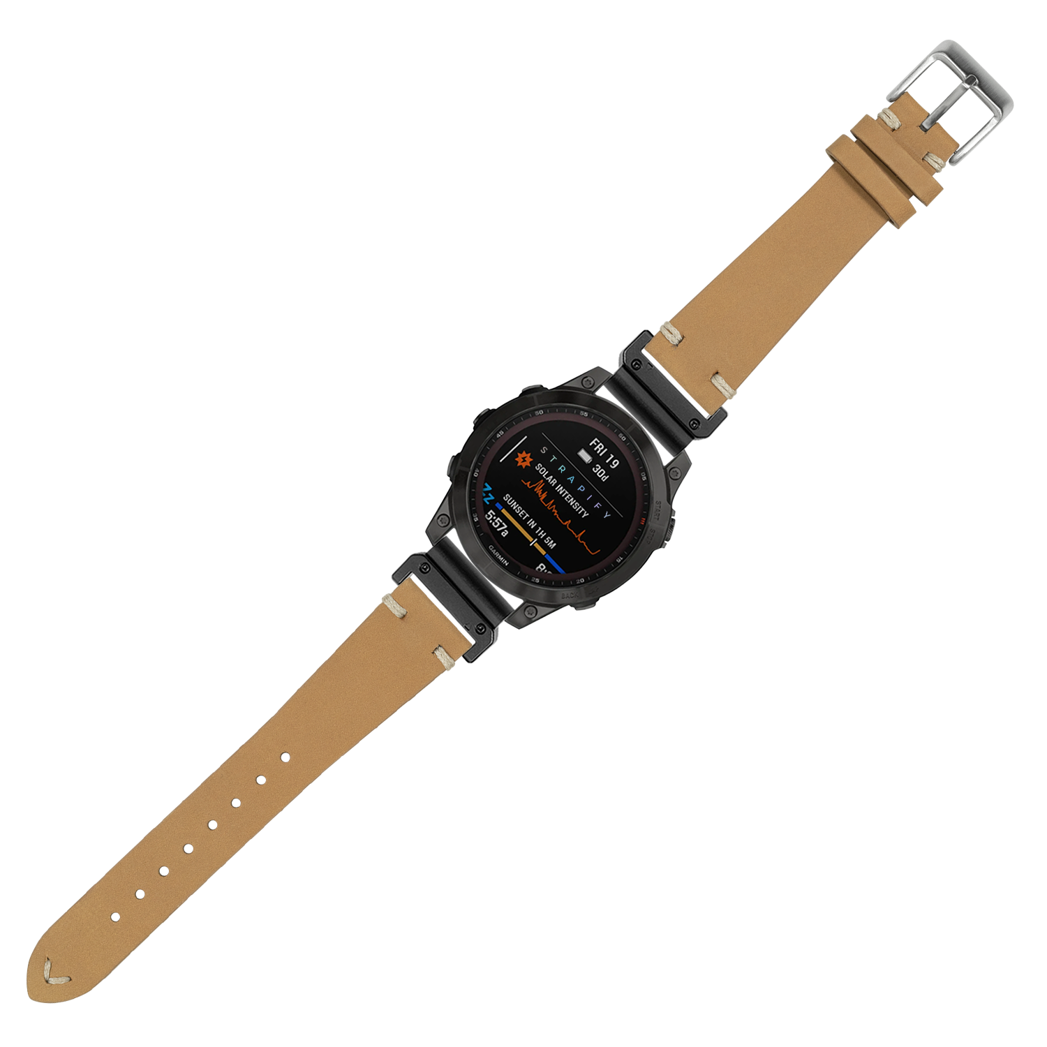 Black smartwatch with AMOLED display and tan nubuck leather QuickFit strap with silver buckle