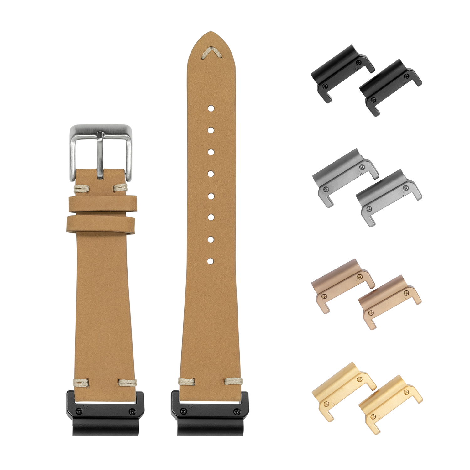 QuickFit vintage knotted nubuck leather brown 22mm watch strap with interchangeable metal lugs in black, silver, rose gold, and gold