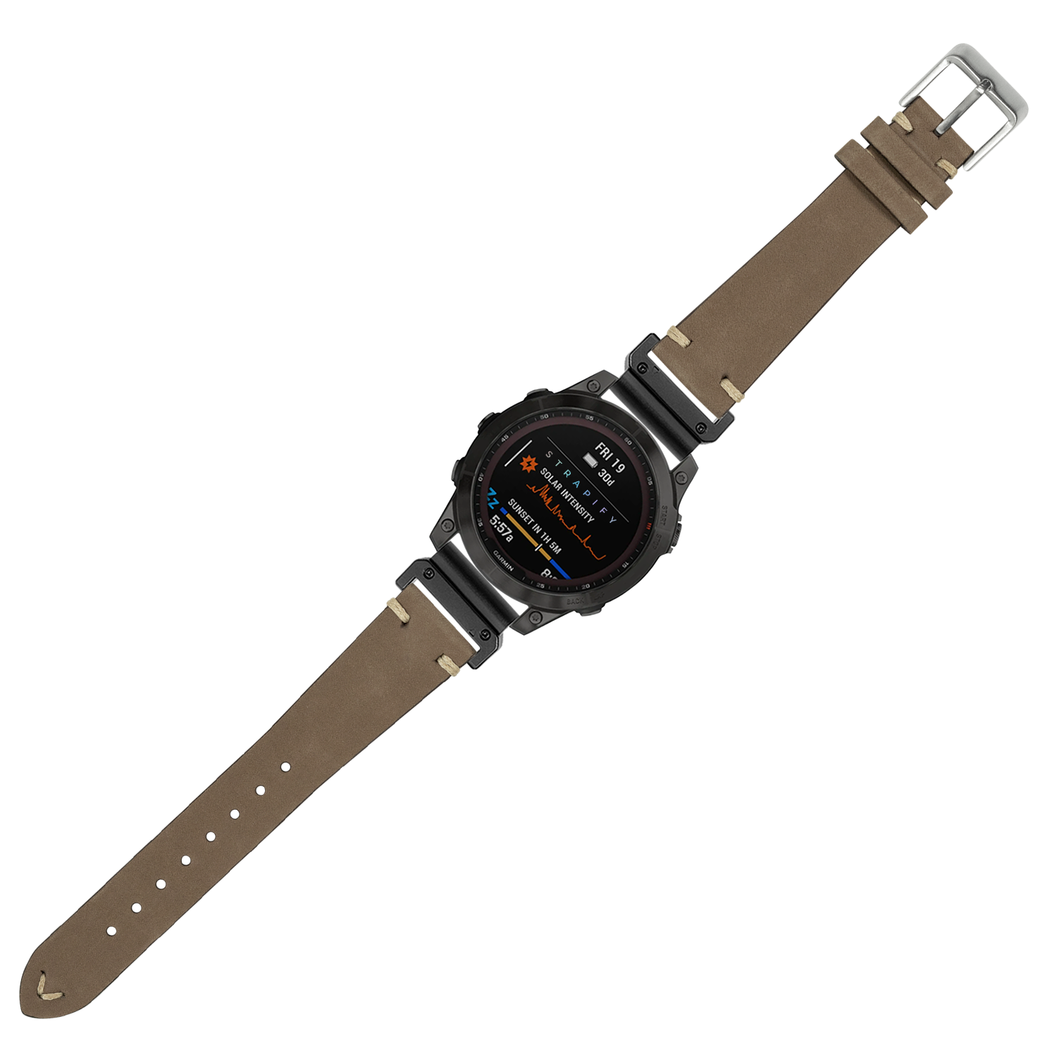 Black digital smartwatch with tan nubuck leather strap, QuickFit system, displaying fitness metrics on AMOLED screen