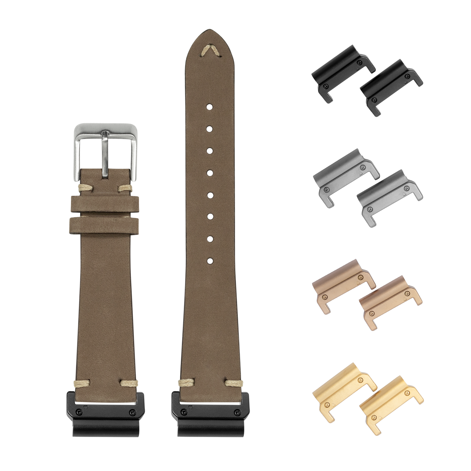 Vintage dark brown nubuck leather quick fit watch strap with interchangeable metal lugs in multiple finishes