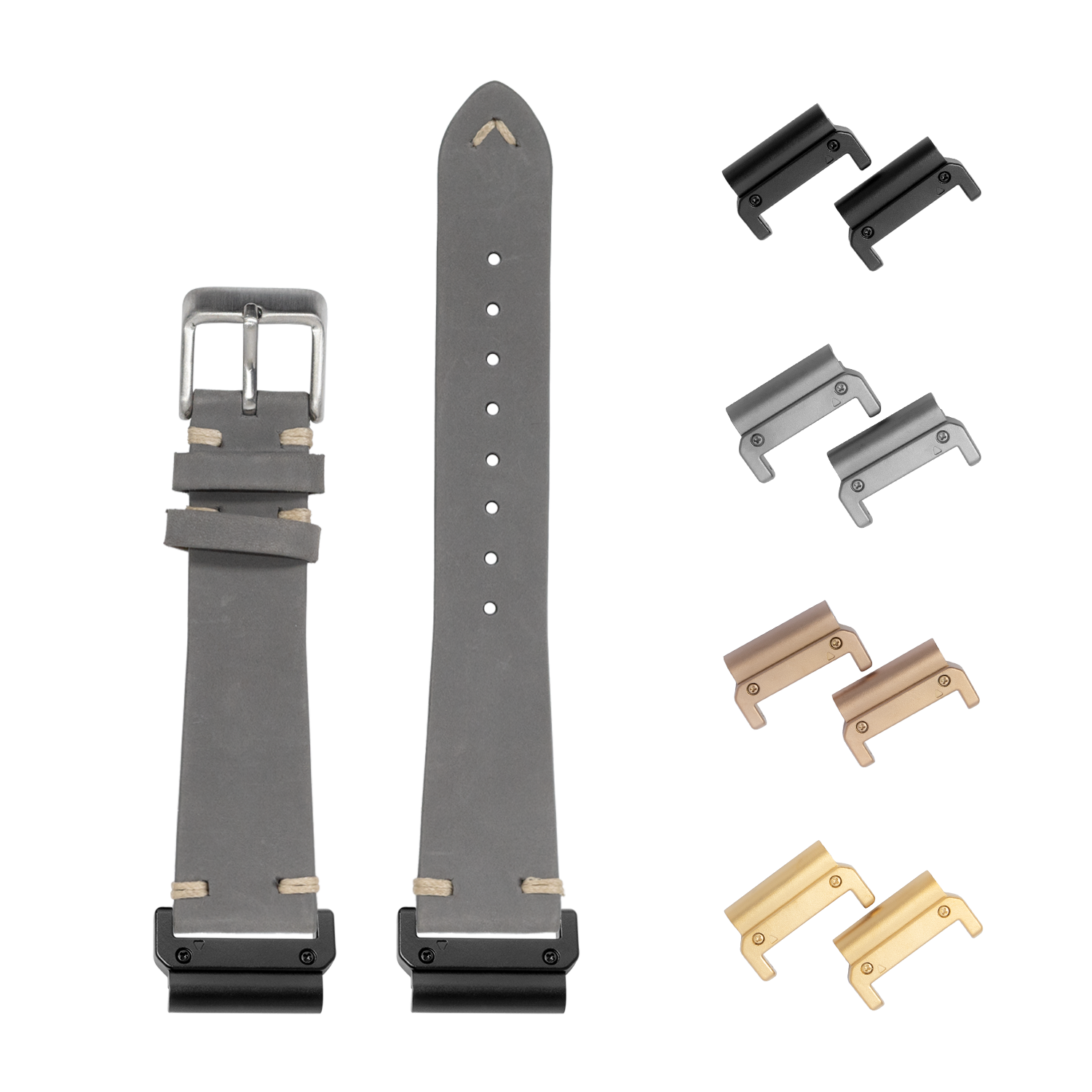 QuickFit vintage knotted grey nubuck leather watch bands 22mm with interchangeable metal lugs in black, steel, rose gold and gold