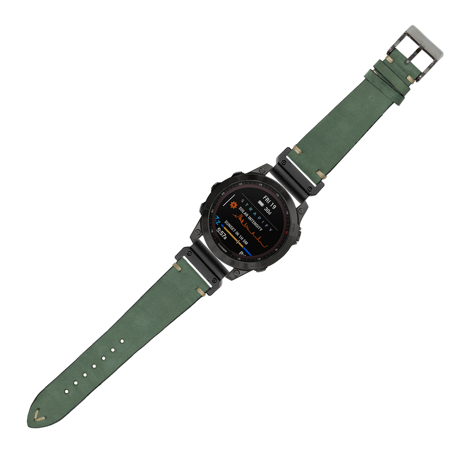 Tactical smartwatch with black digital display and green nubuck leather QuickFit strap on white background