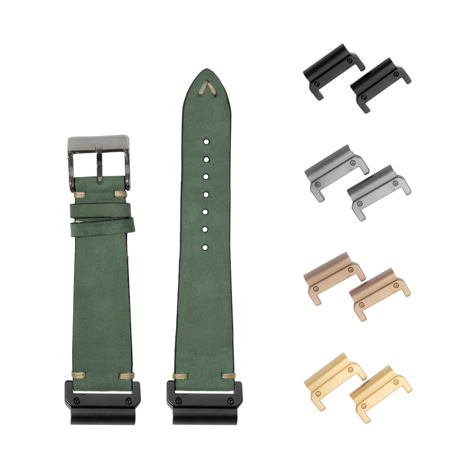 Vintage green nubuck leather watch band 22mm with quick-fit system, includes interchangeable metal lugs in black, silver, rose gold and gold finishes