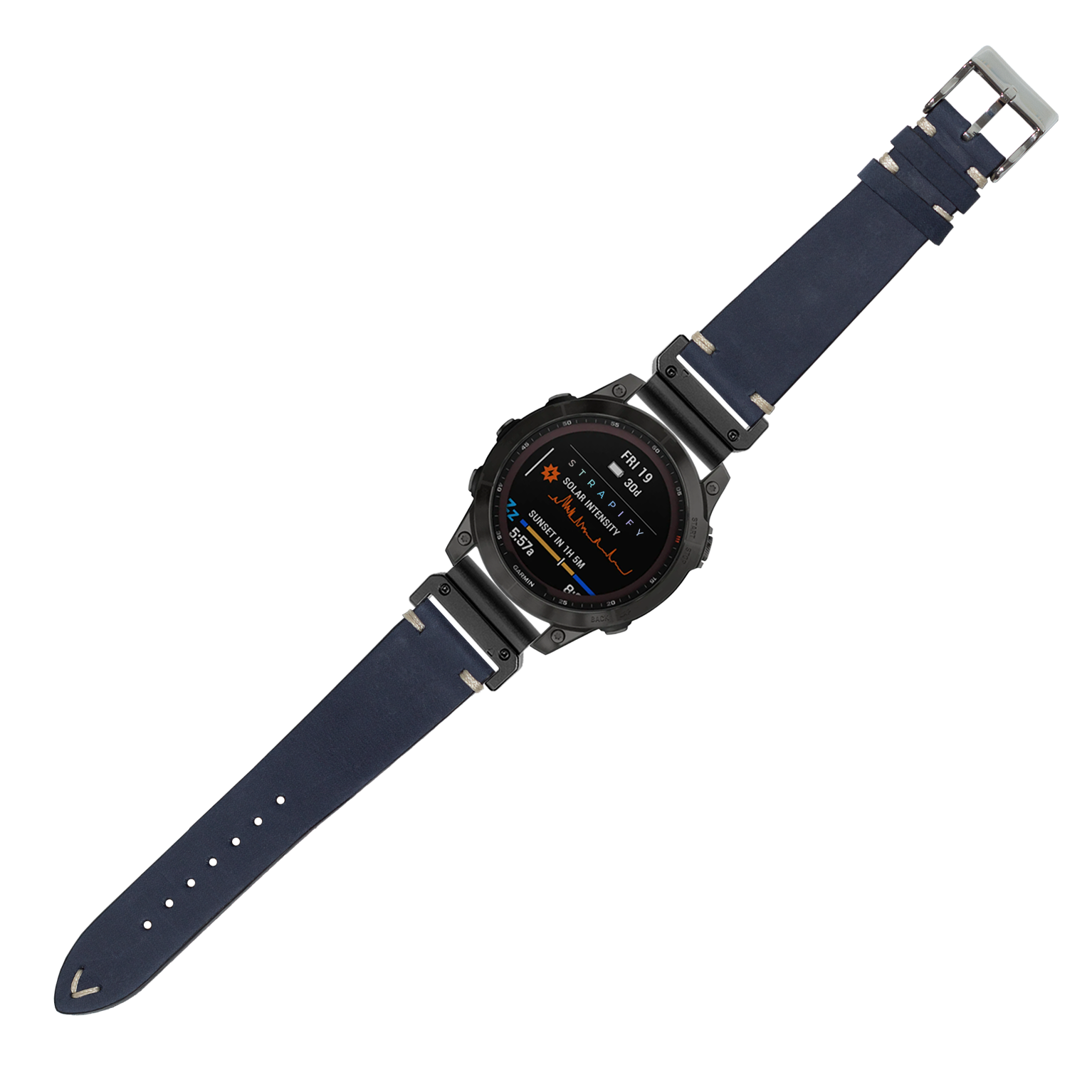 Black digital smartwatch with navy blue leather nubuck strap and orange display graphics showing fitness metrics and date