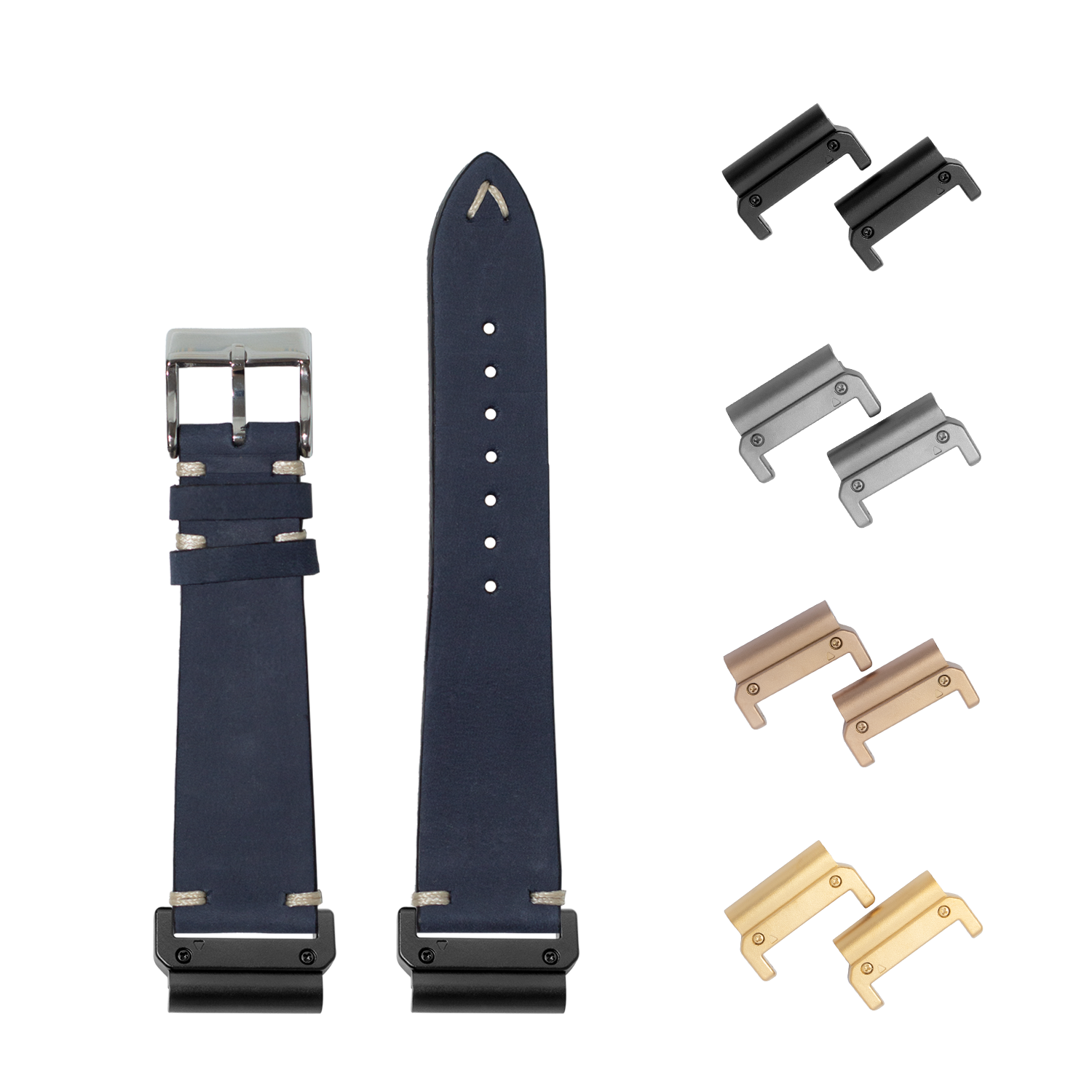 Interchangeable navy nubuck leather watch band set with quick-fit connectors in black, silver, bronze and gold finishes