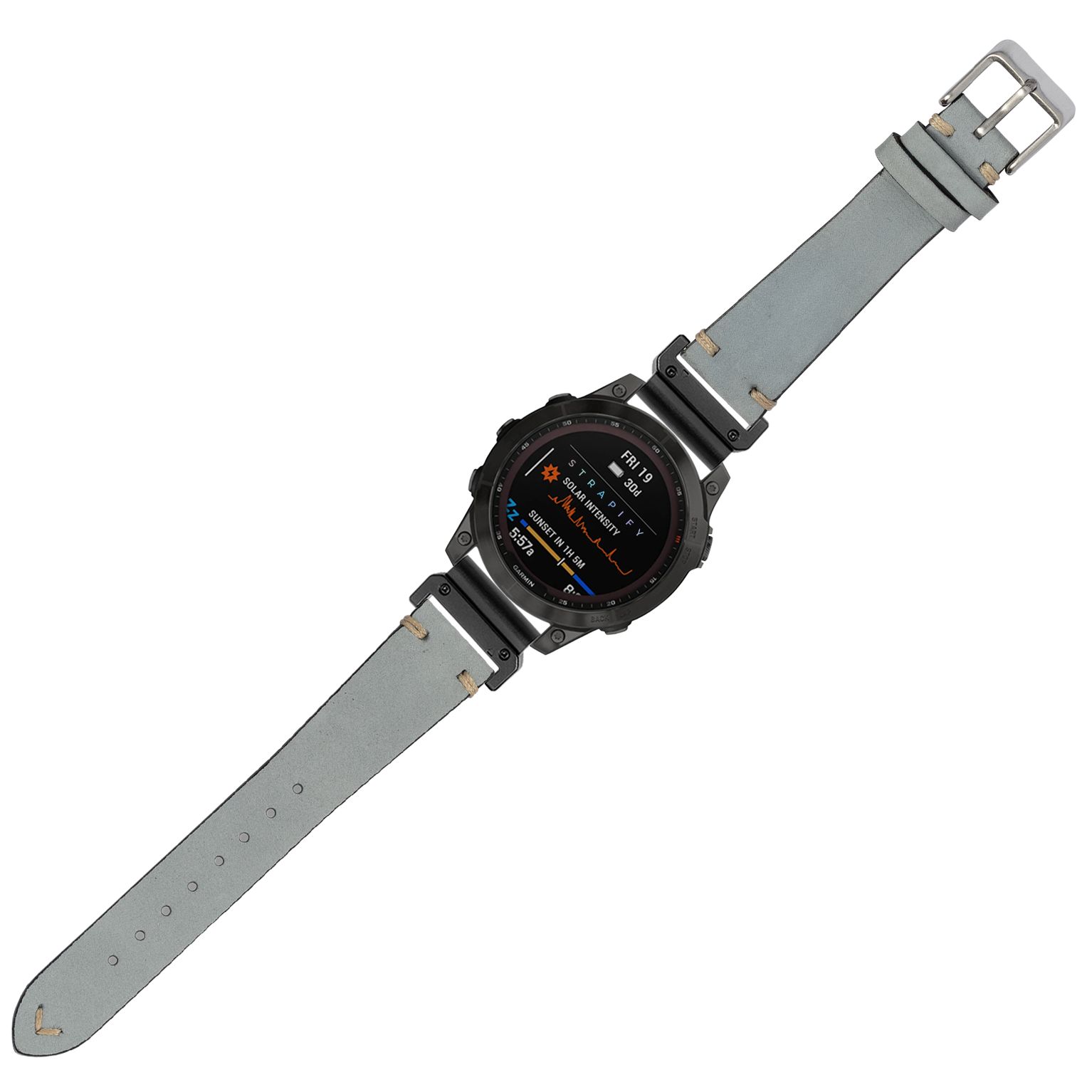 Tactical smartwatch with black case, AMOLED display showing fitness metrics, and sky blue nubuck leather strap with quick-fit connector