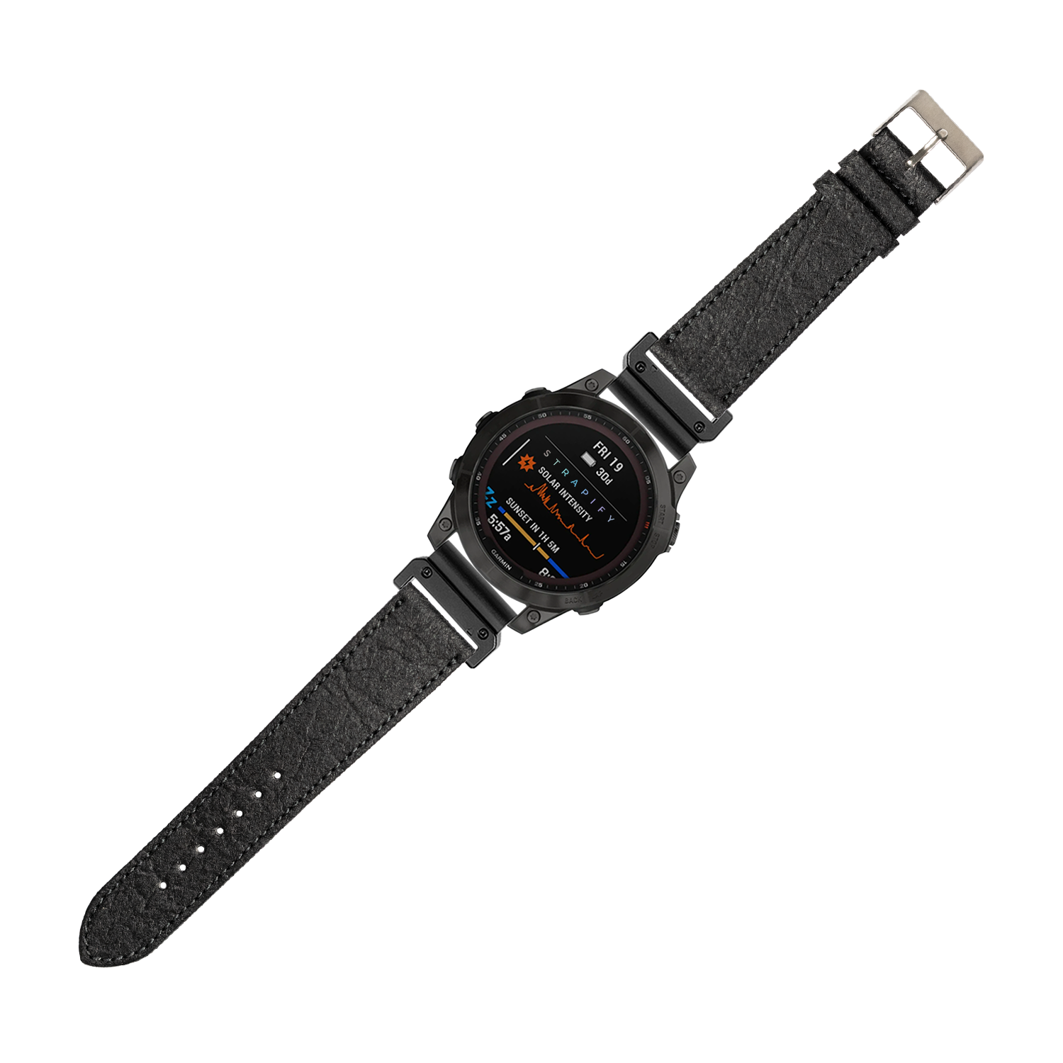 Black vegan leather smartwatch band with metal buckle, 22mm quick-fit watch strap for digital displays