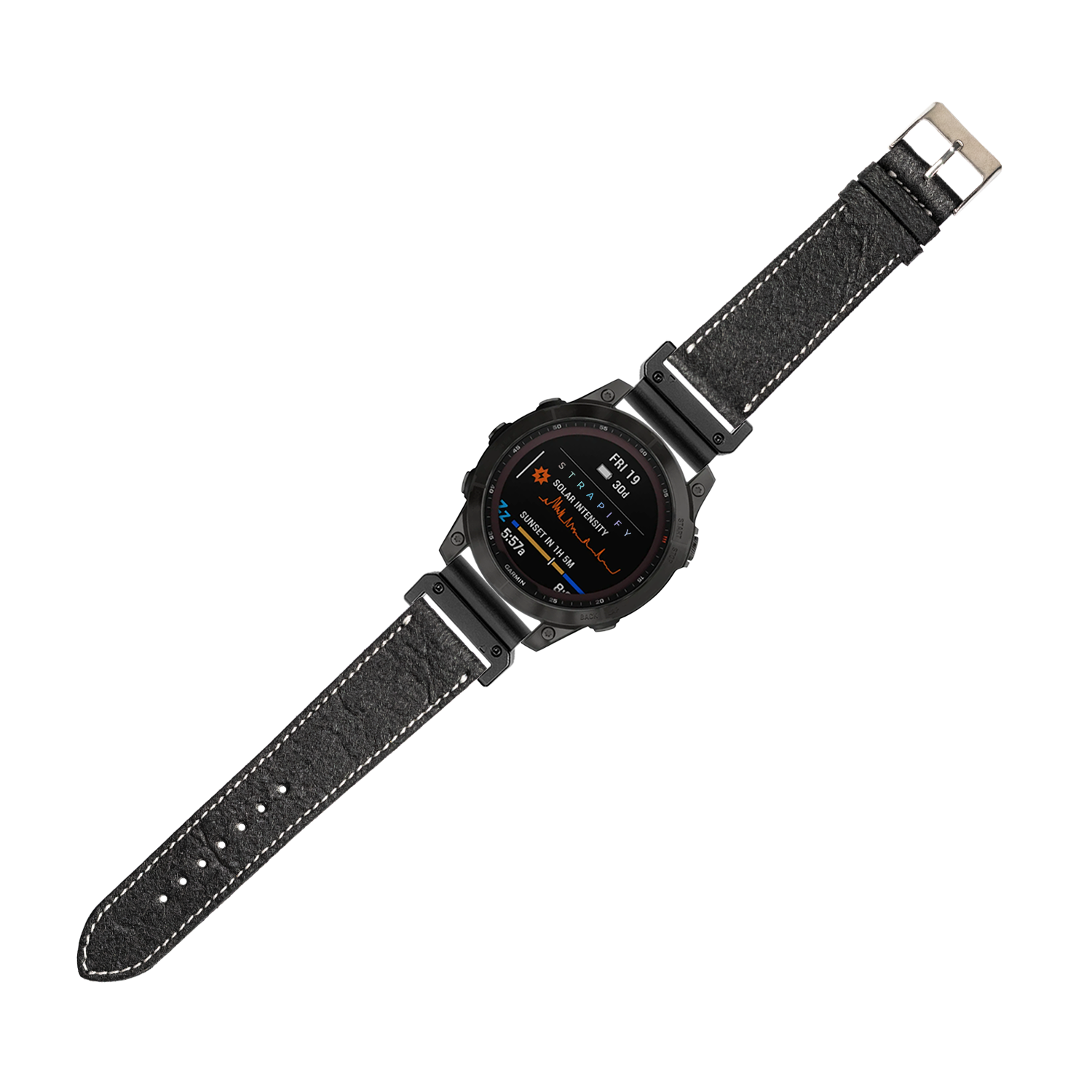 Black vegan leather smartwatch band with white stitching, QuickFit 22mm compatible, displayed on digital sports watch