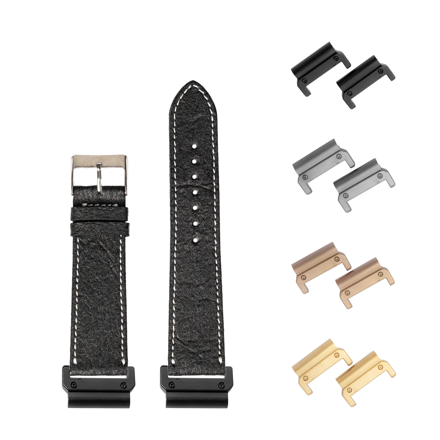 QuickFit black vegan leather watch strap 22mm with white stitching and interchangeable metal lugs in multiple finishes