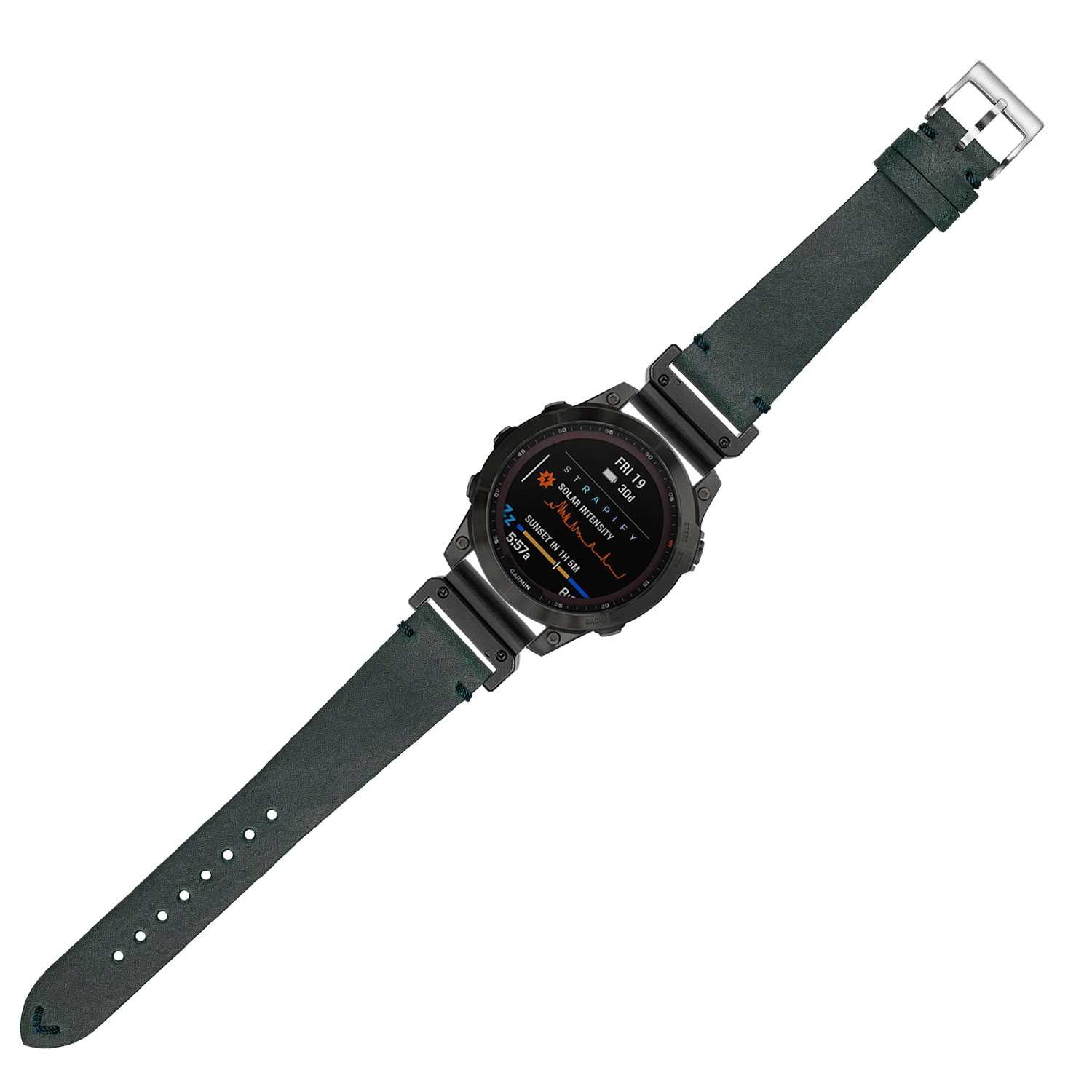 Rugged smartwatch with digital display and military-style design featuring vintage crazy horse leather strap in blue-green tone