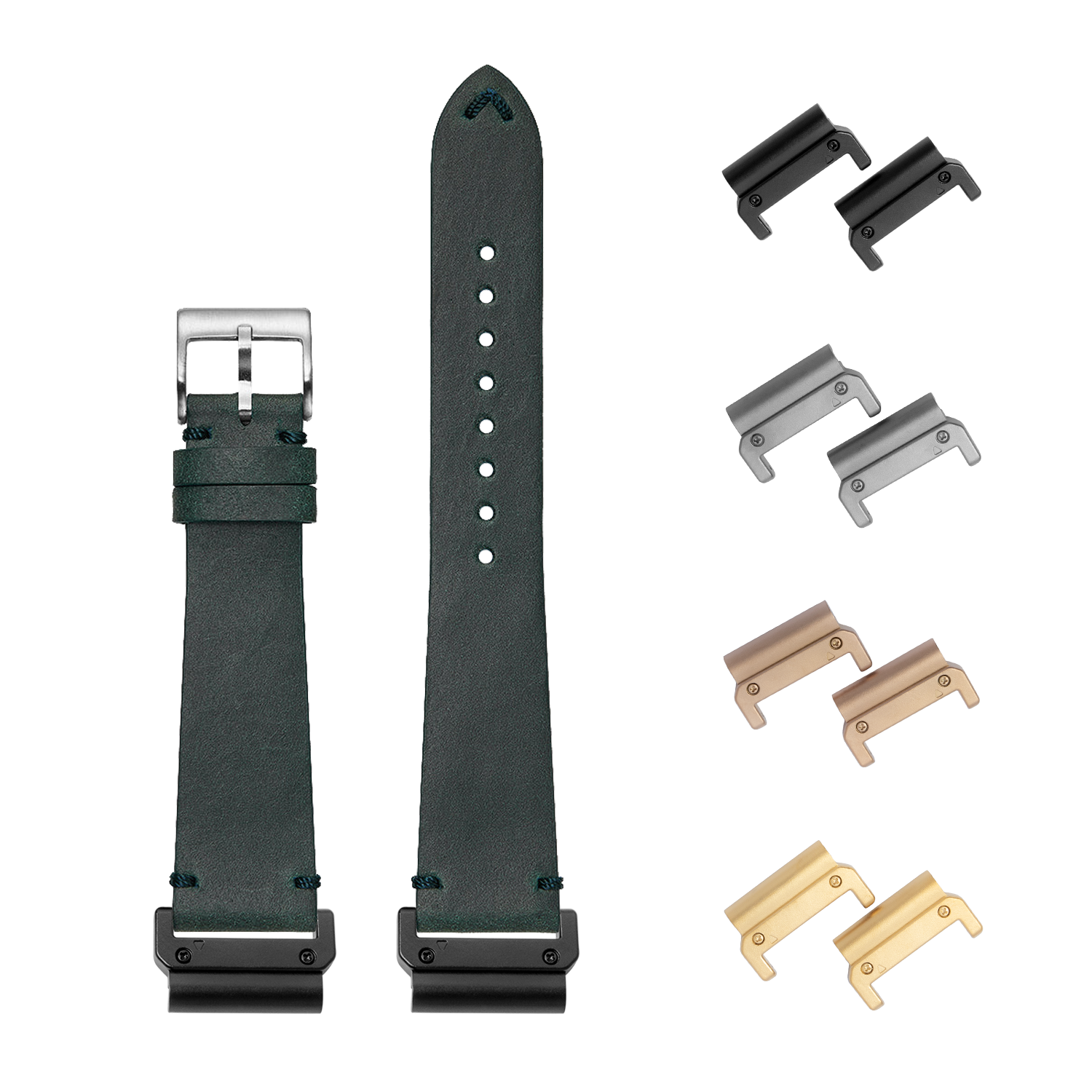 Vintage Crazy Horse leather watch strap 22mm with interchangeable lugs in blue-green, silver, black, bronze and gold finishes