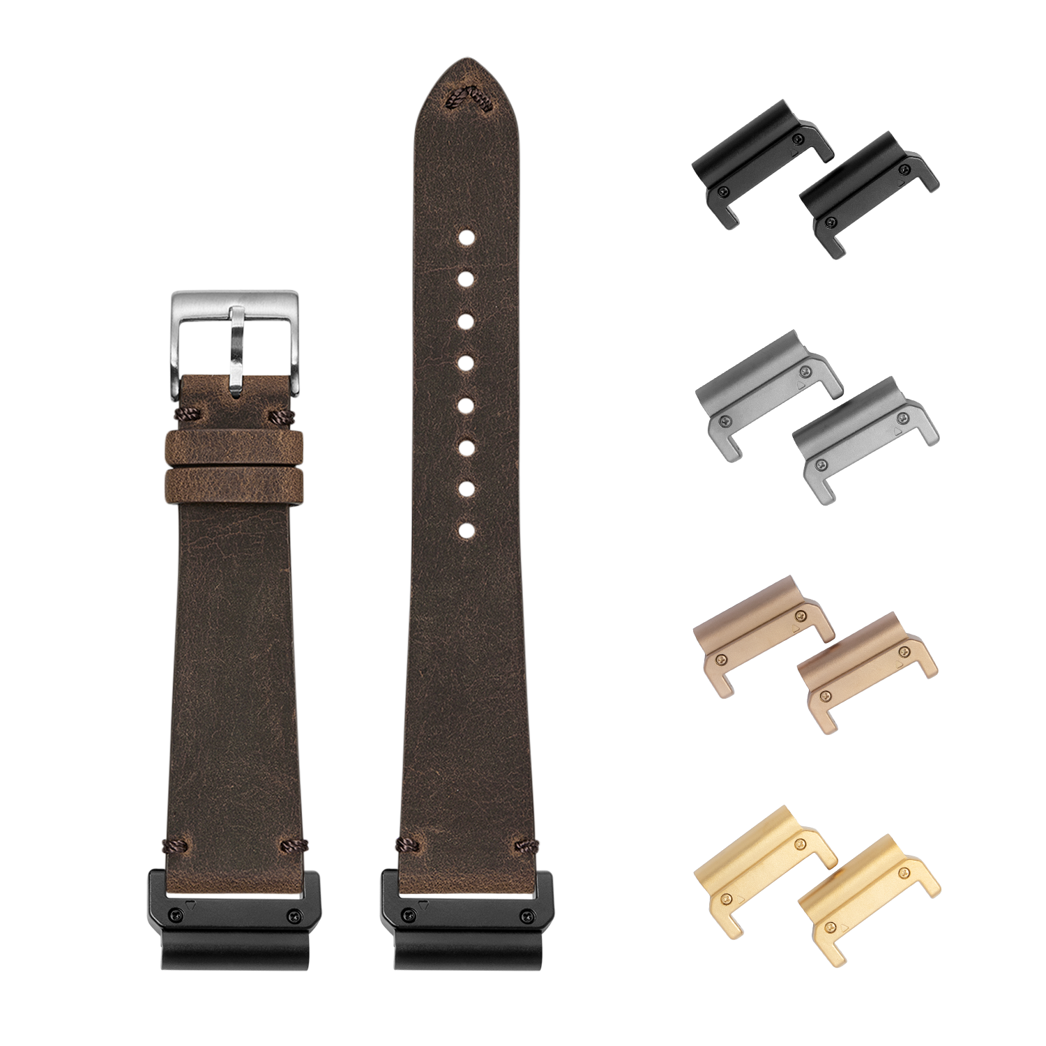 Brown leather watch band with quick release system and interchangeable metal lugs in multiple finishes