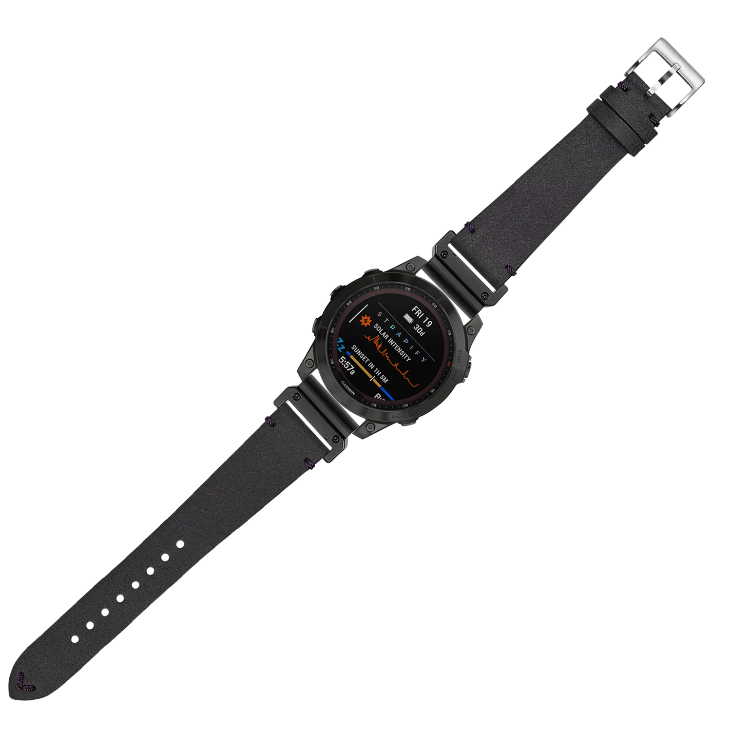 Black digital smartwatch with AMOLED display and dark leather strap with adjustable buckle fastener