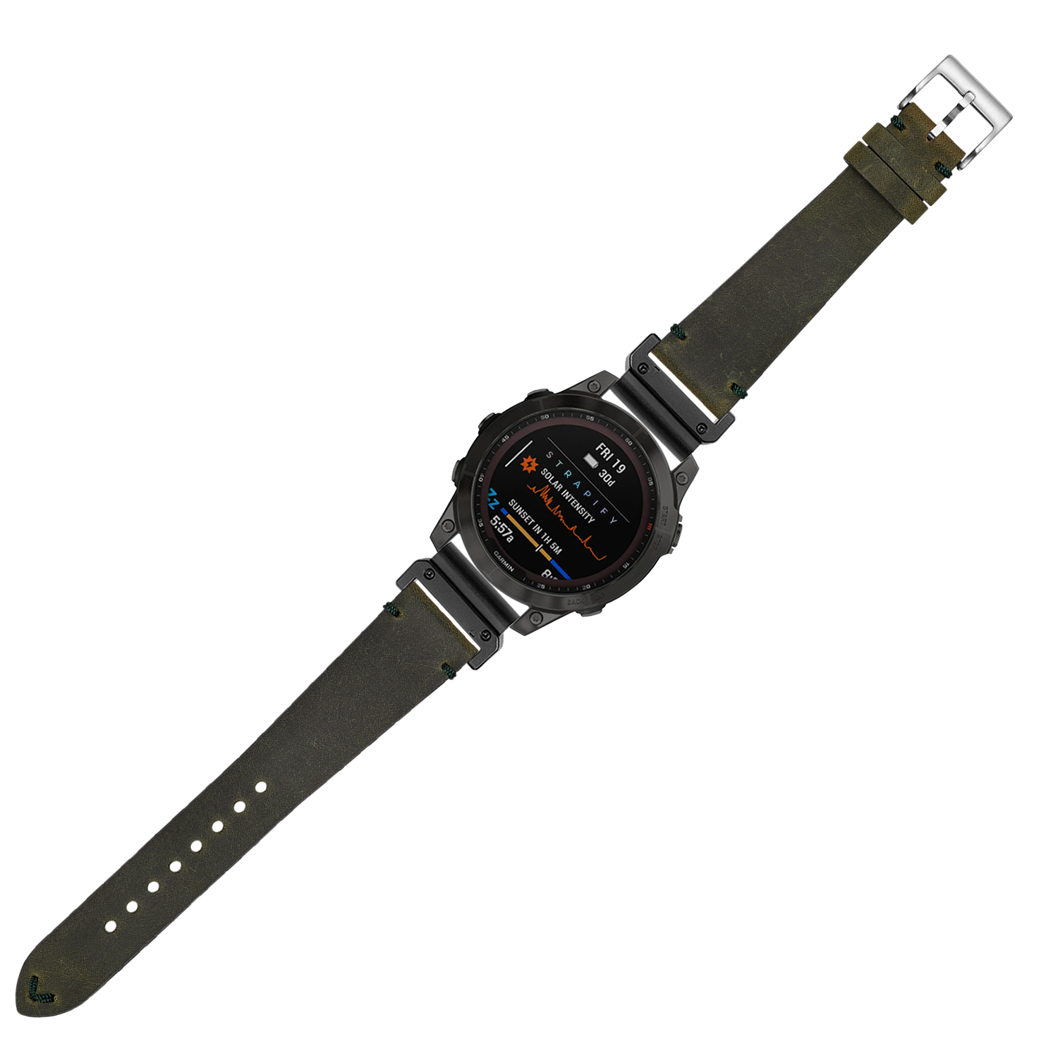 Tactical digital smartwatch with olive green leather strap and stainless steel buckle, featuring AMOLED display and multi-function outdoor watch face
