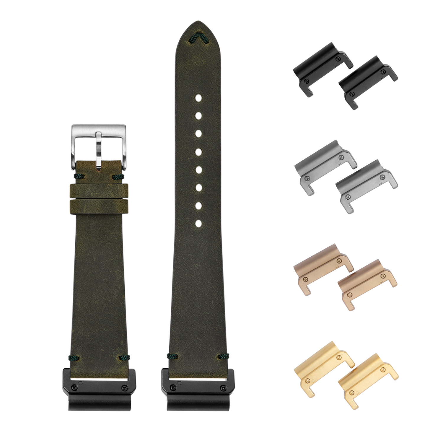 Vintage green leather watch strap 22mm with interchangeable metal lugs in black, silver, bronze and gold finishes