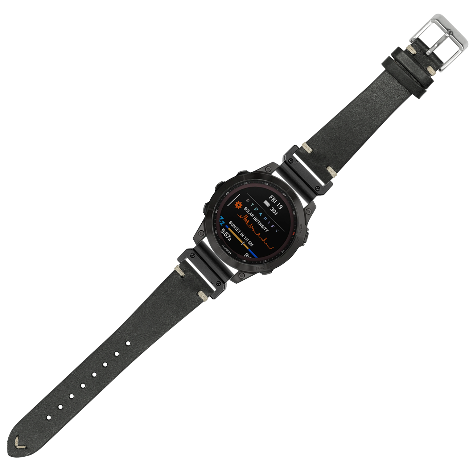 Black vintage knotted leather 22mm QuickFit watch band with stainless steel buckle on digital sports watch