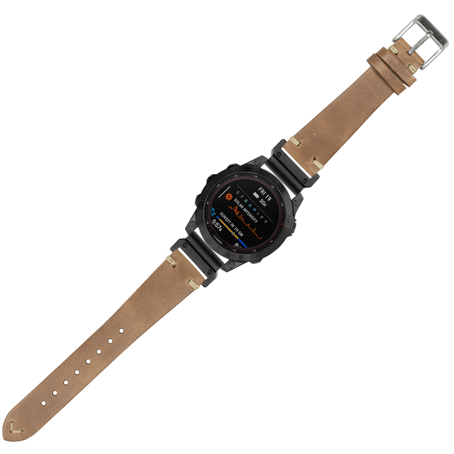 Black digital sports watch with tan leather strap and stainless steel buckle, featuring AMOLED display and fitness tracking capabilities