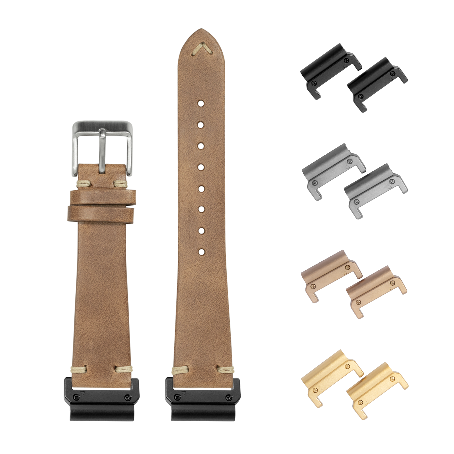 Tan leather smartwatch band with quick-fit adapters in multiple metal finishes including black, silver, rose gold and gold