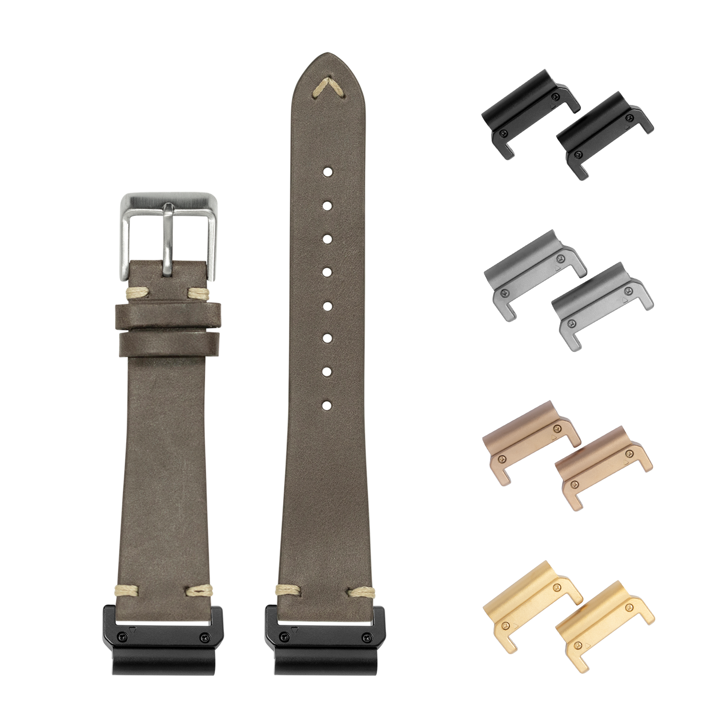 Vintage dark brown leather quick-fit watch strap 22mm with interchangeable metal lugs in black, silver, bronze and gold