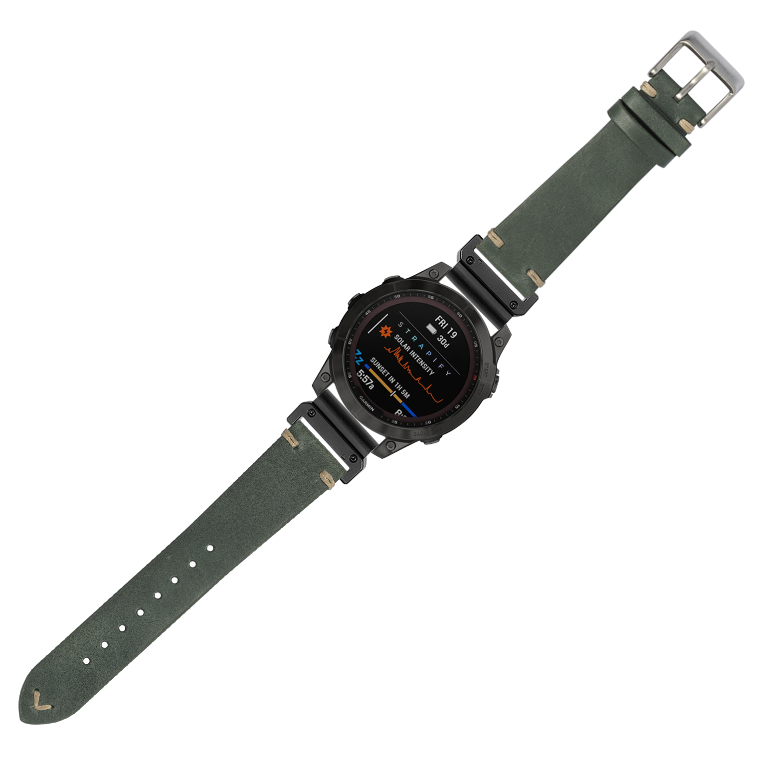 Black digital smartwatch with forest green leather strap and metal buckle, displaying fitness metrics and date on AMOLED screen