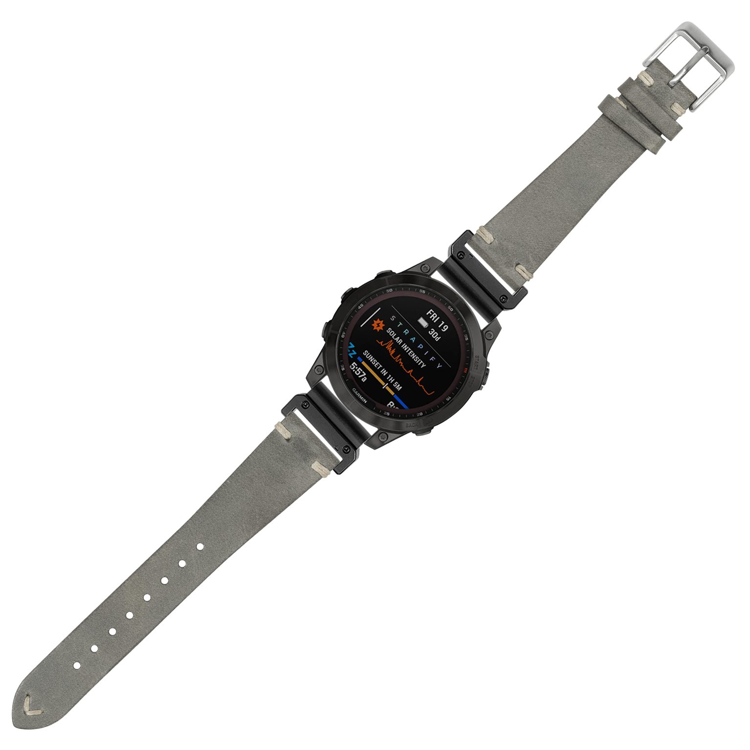 Tactical digital smartwatch with black case and grey suede leather strap with metal buckle, featuring AMOLED display and rugged design