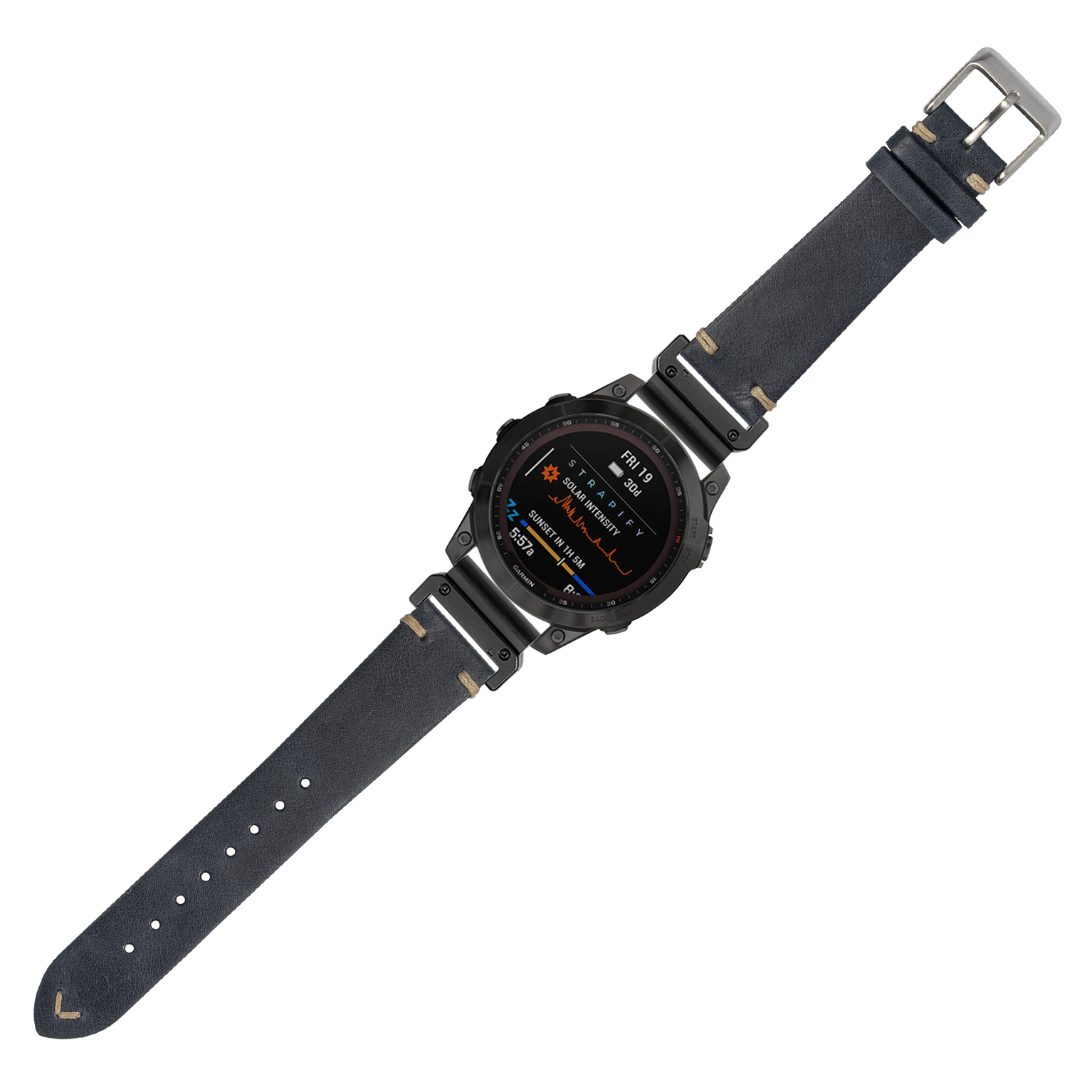 Rugged digital smartwatch with black case, navy blue vintage knotted leather band, and AMOLED display showing fitness metrics